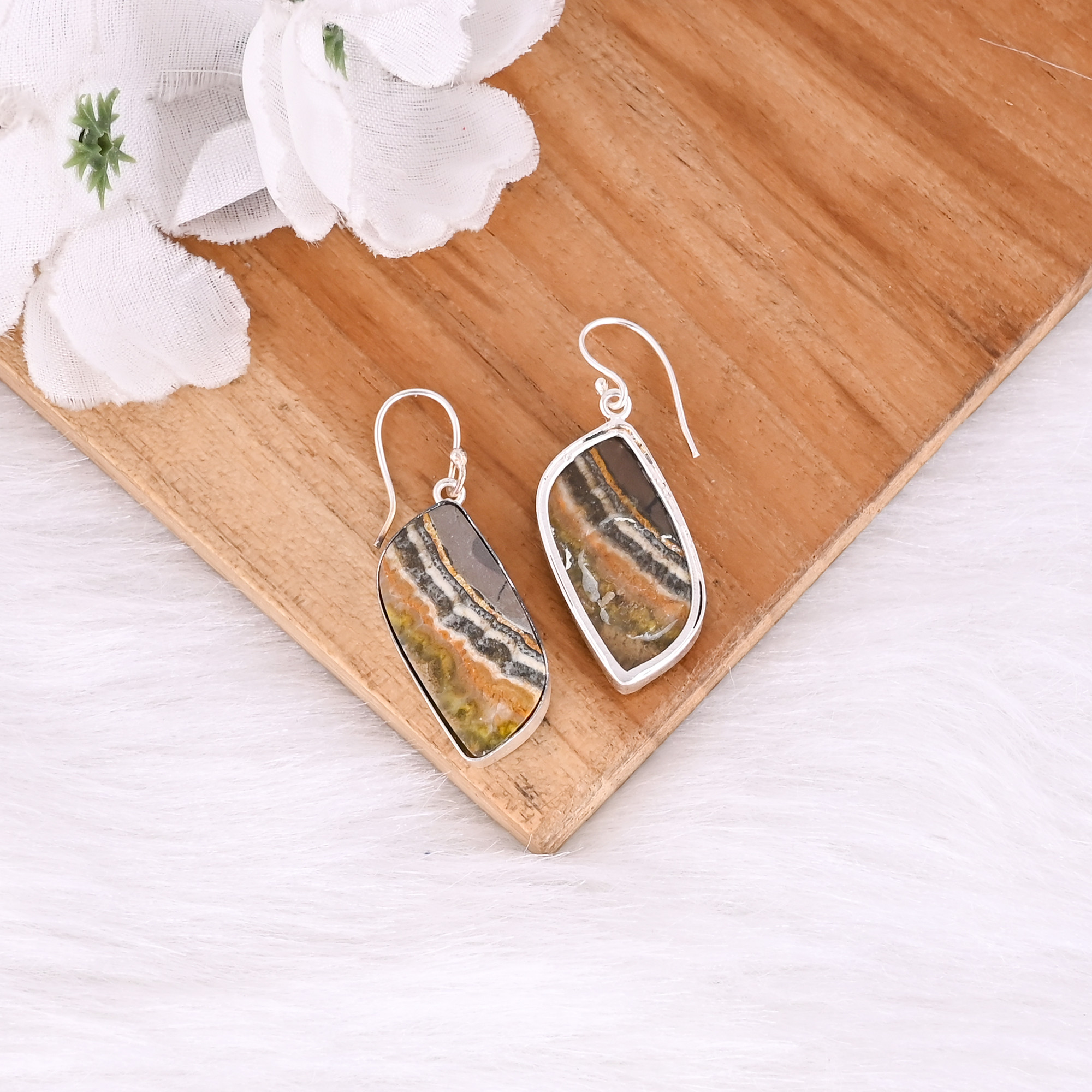 Bumble Bee Jasper Oval Gemstone Brass Silver Plated Earring Handmade Charm Jewelry