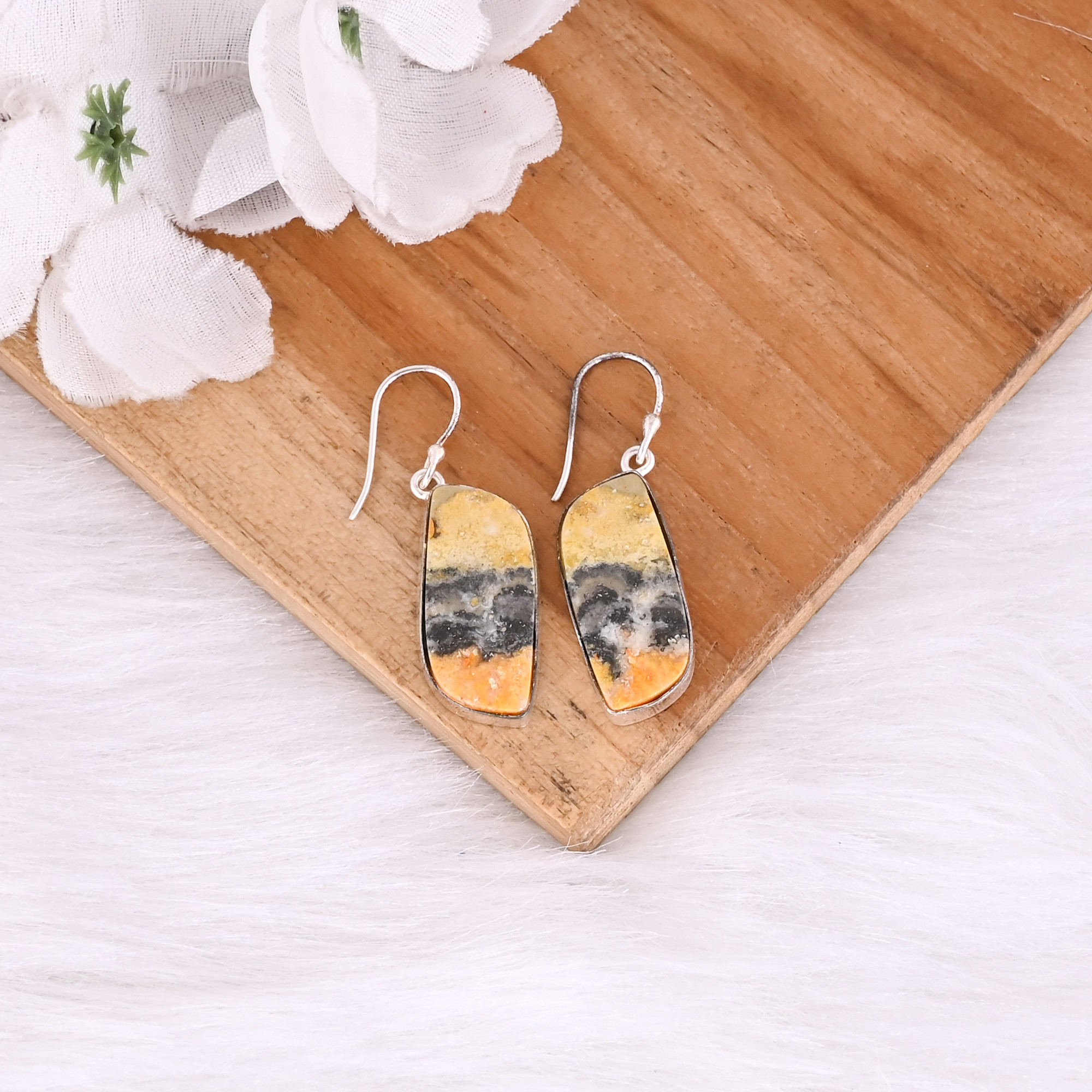 Bumble Bee Jasper Oval Gemstone Brass Silver Plated Earring Birthday Gift Handmade Earrings Fashion Earrings
