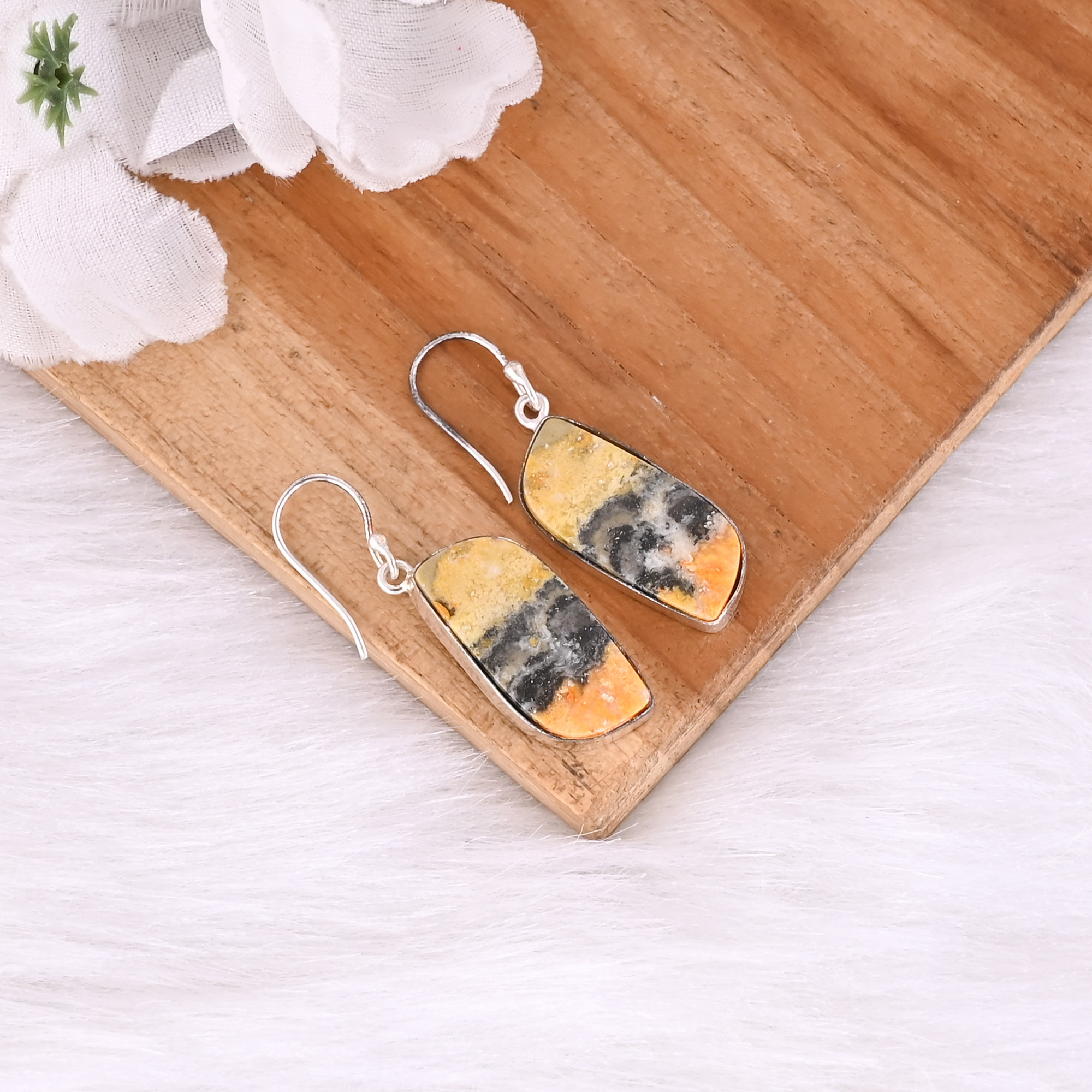 Bumble Bee Jasper Oval Gemstone Brass Silver Plated Earring Birthday Gift Handmade Earrings Fashion Earrings