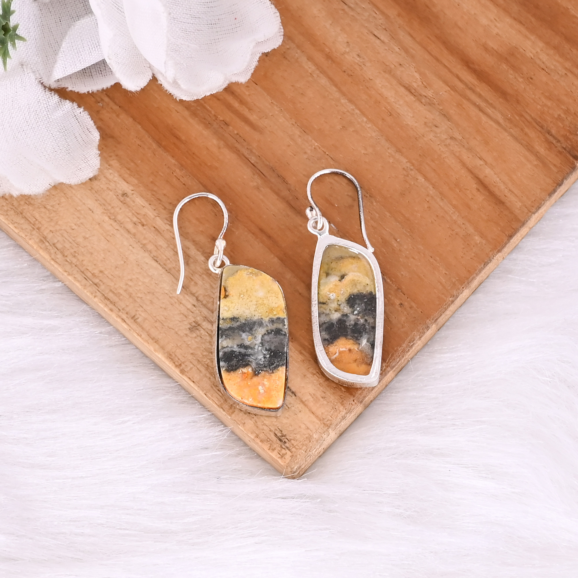 Bumble Bee Jasper Oval Gemstone Brass Silver Plated Earring Birthday Gift Handmade Earrings Fashion Earrings