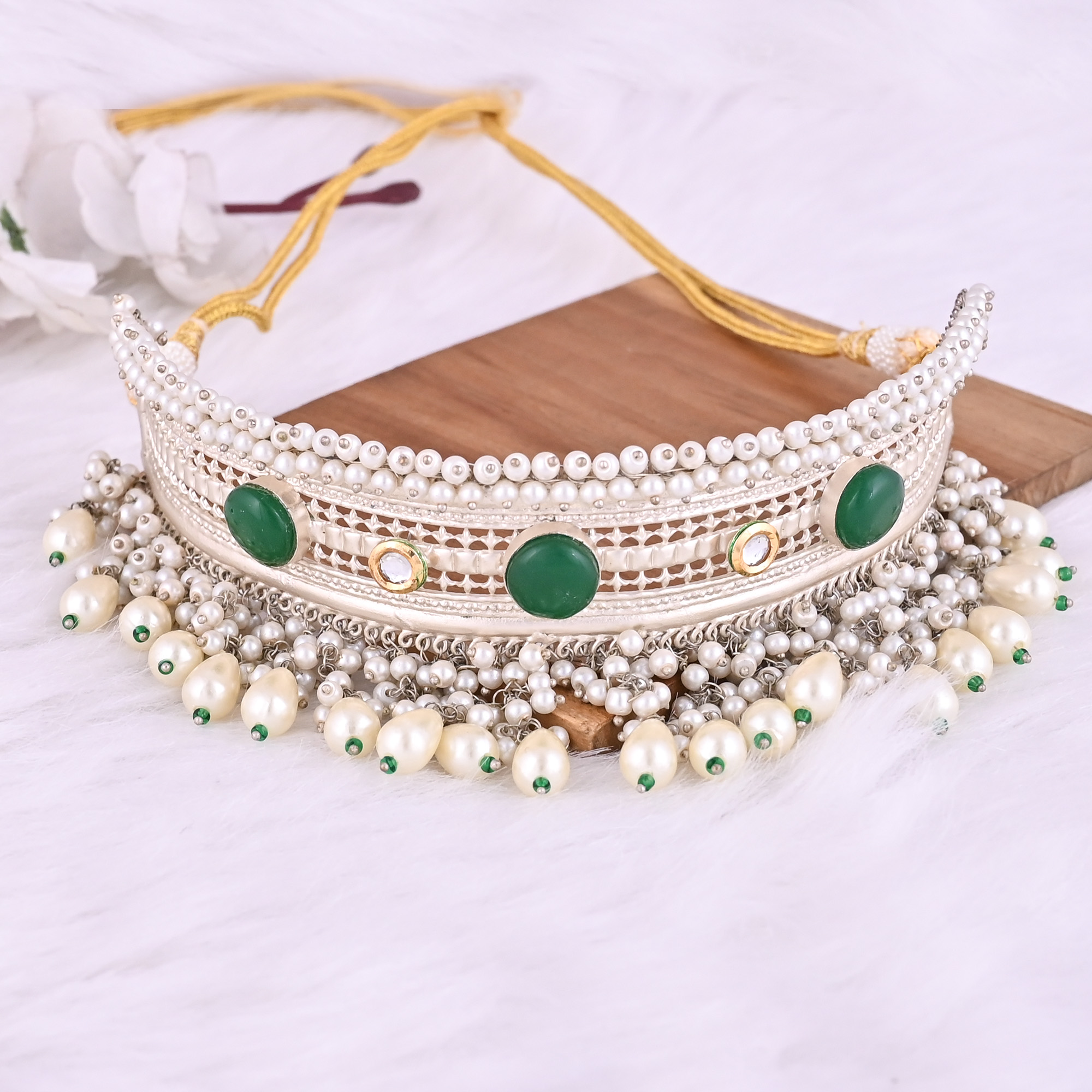 Green Onyx Kundan Pearl Stone Ethnic German Silver Necklace
