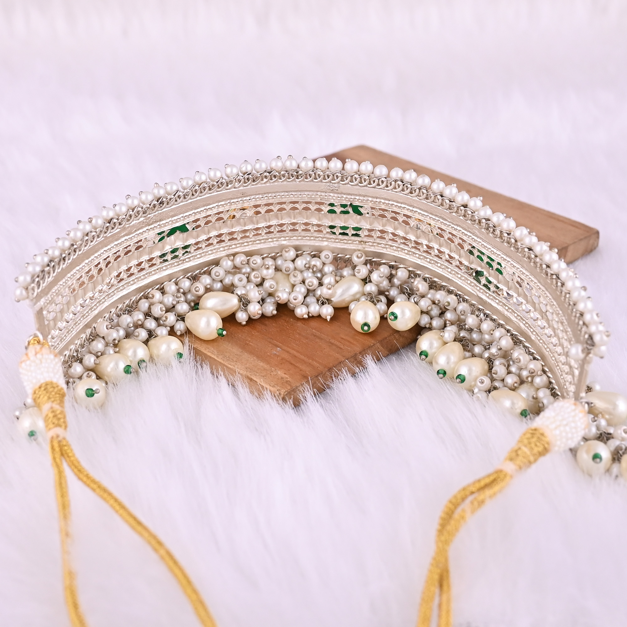 Green Onyx Kundan Pearl Stone Ethnic German Silver Necklace