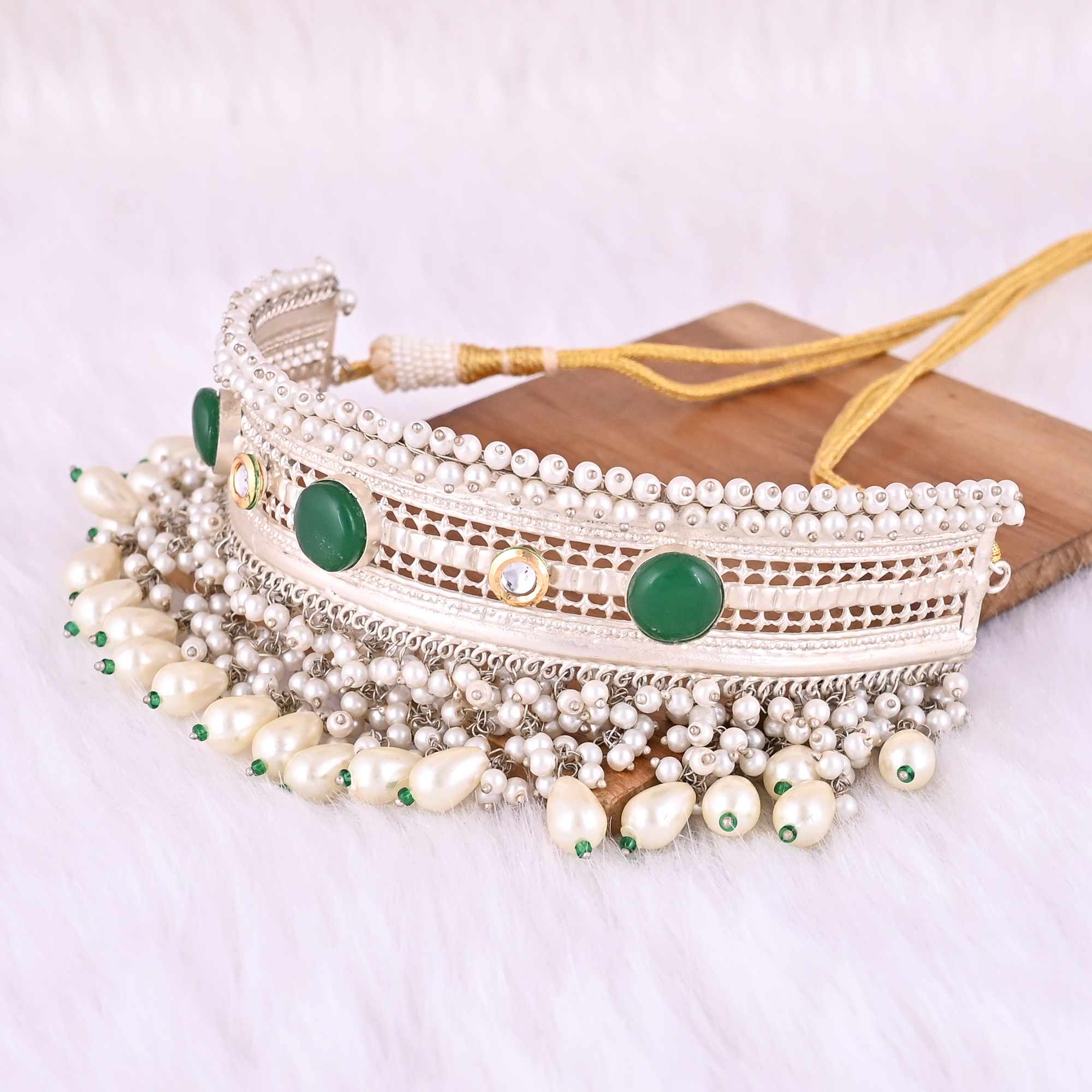 Green Onyx Kundan Pearl Stone Ethnic German Silver Necklace