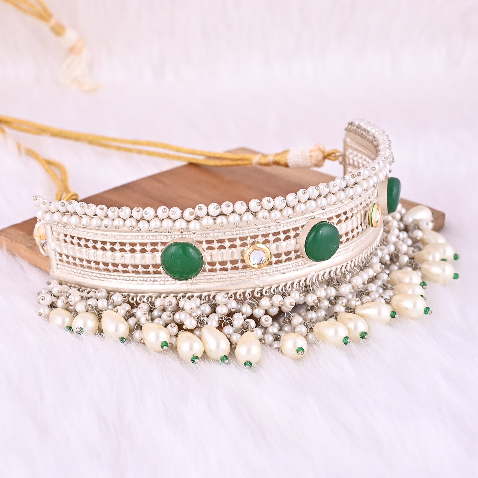 Green Onyx Kundan Pearl Stone Ethnic German Silver Necklace