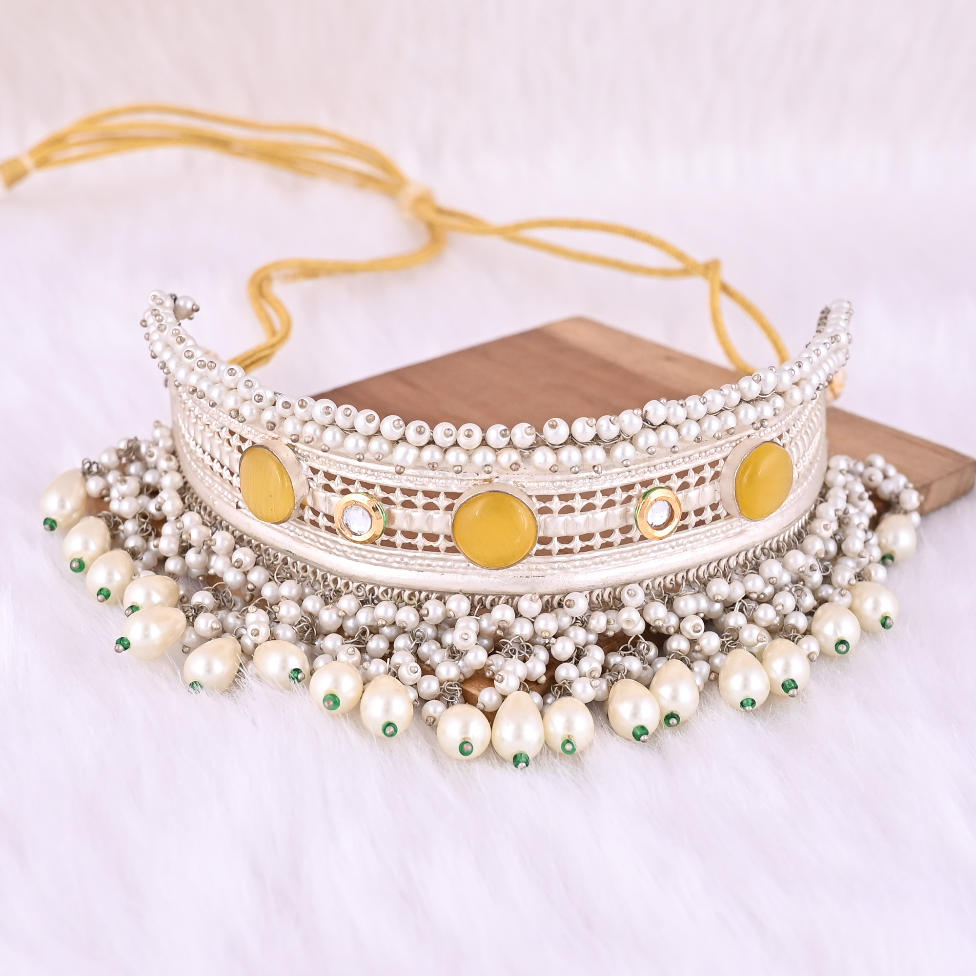 Cats eye Kundan Pearl Stone Ethnic German Silver Necklace