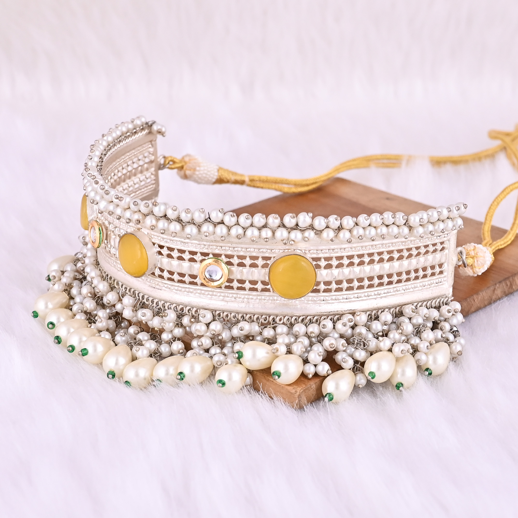 Cats eye Kundan Pearl Stone Ethnic German Silver Necklace