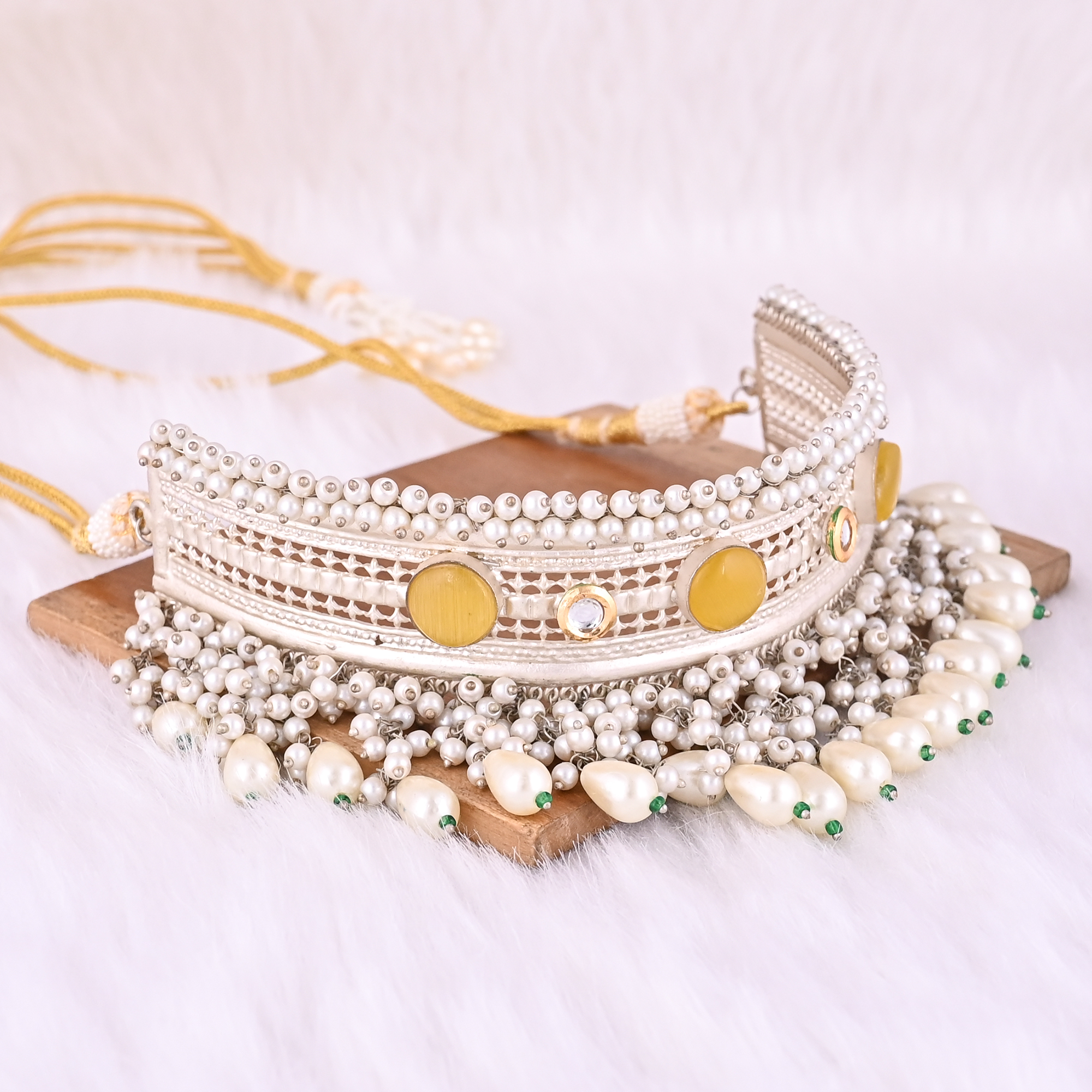 Cats eye Kundan Pearl Stone Ethnic German Silver Necklace