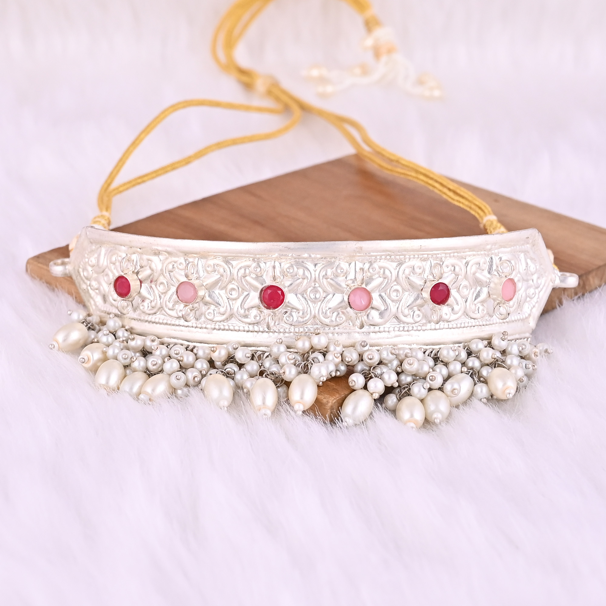 Fuchsia Chalcedony Pink Hydro Pearl Stone Ethnic German Silver Necklace