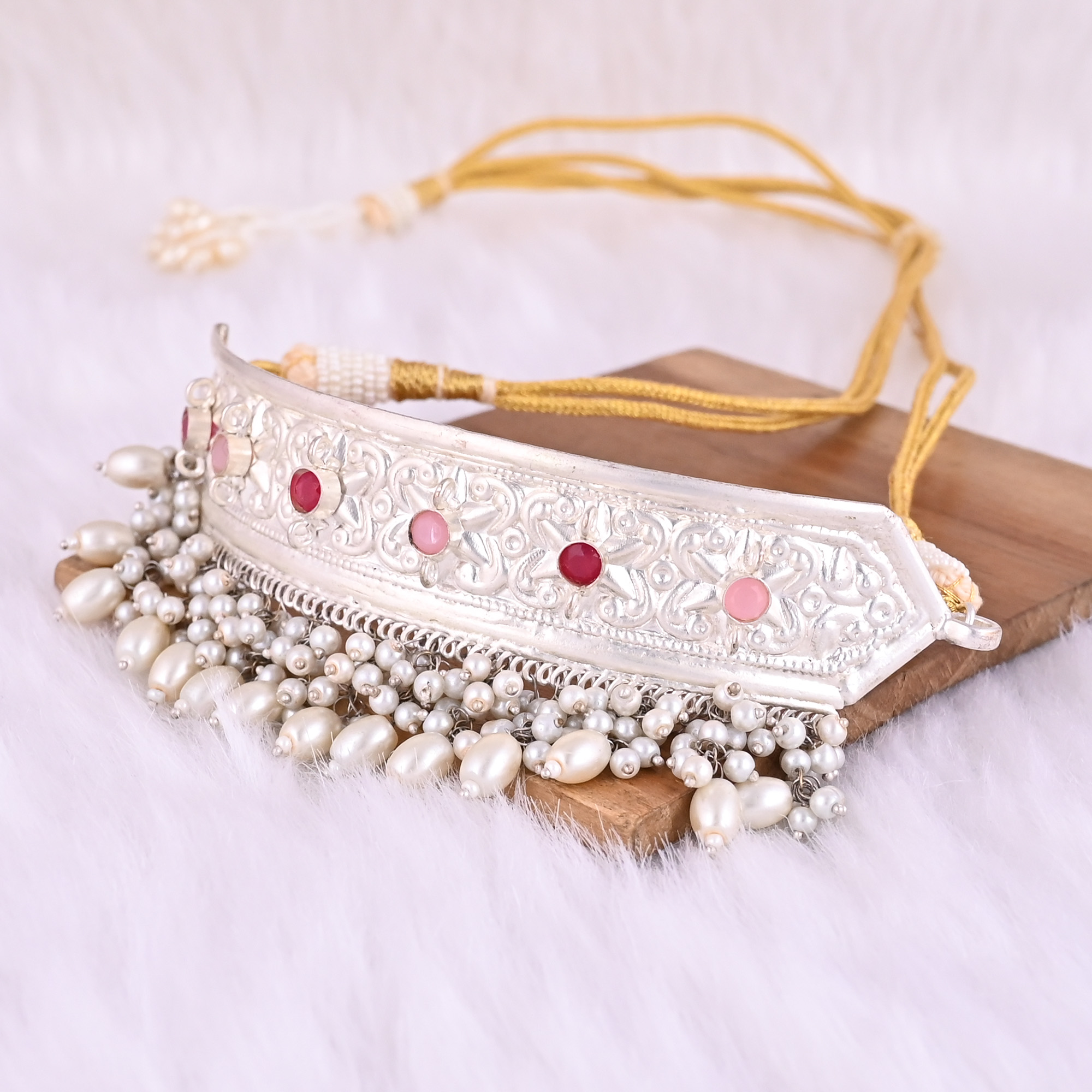 Fuchsia Chalcedony Pink Hydro Pearl Stone Ethnic German Silver Necklace