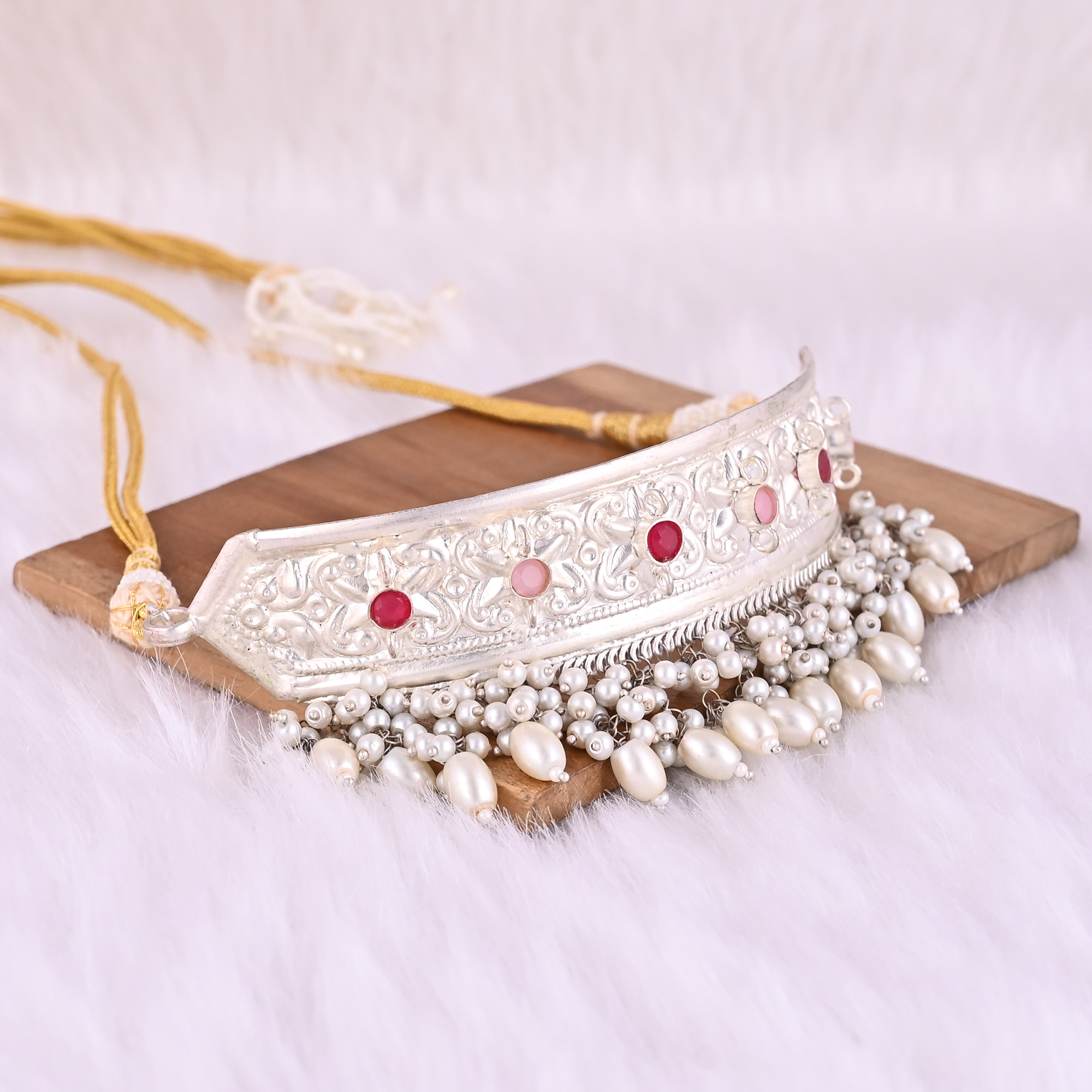 Fuchsia Chalcedony Pink Hydro Pearl Stone Ethnic German Silver Necklace