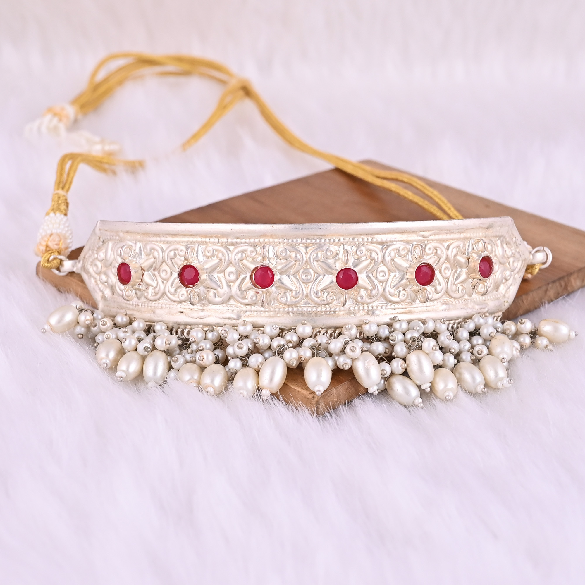 Fuchsia Chalcedony Pearl Stone Ethnic German Silver Necklace