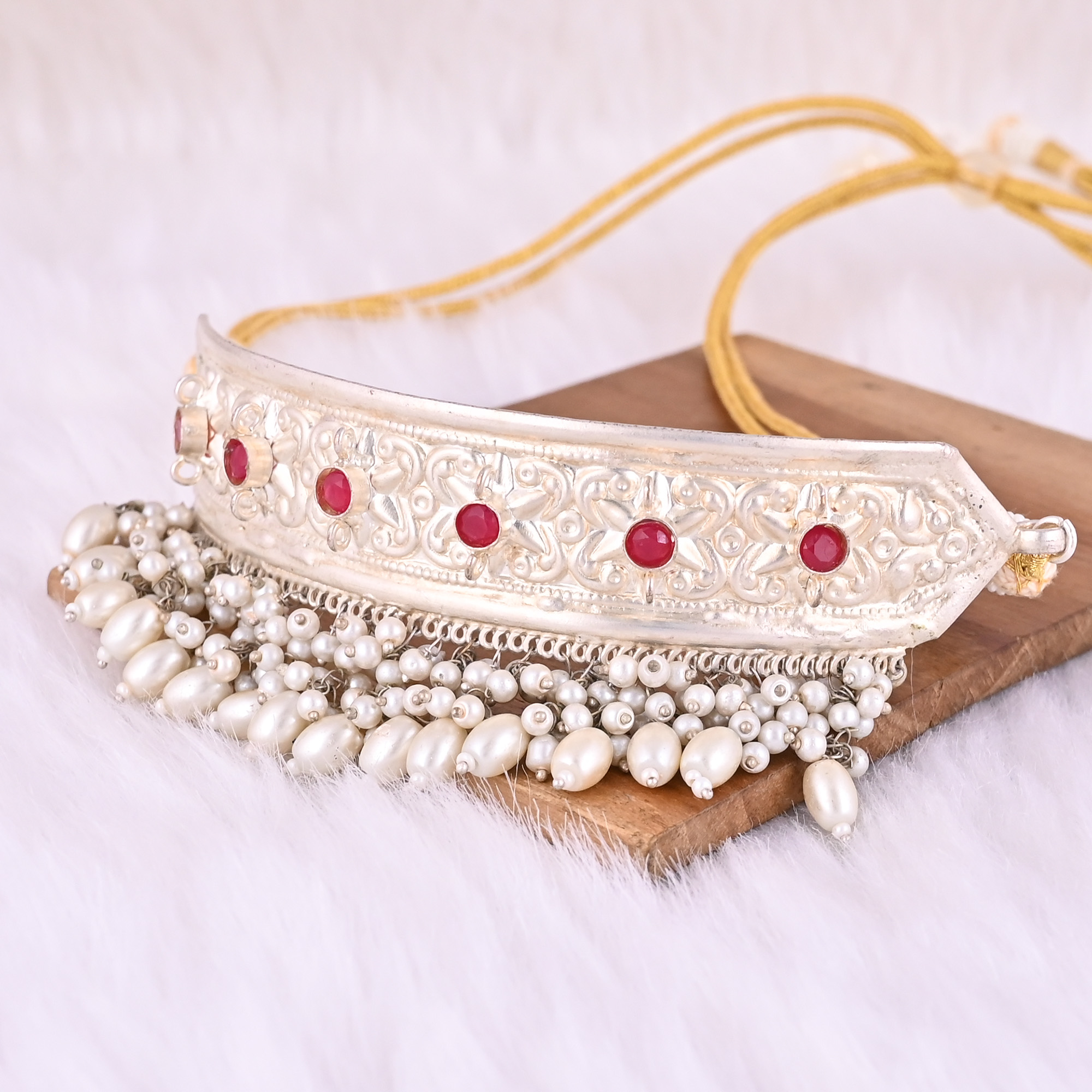 Fuchsia Chalcedony Pearl Stone Ethnic German Silver Necklace