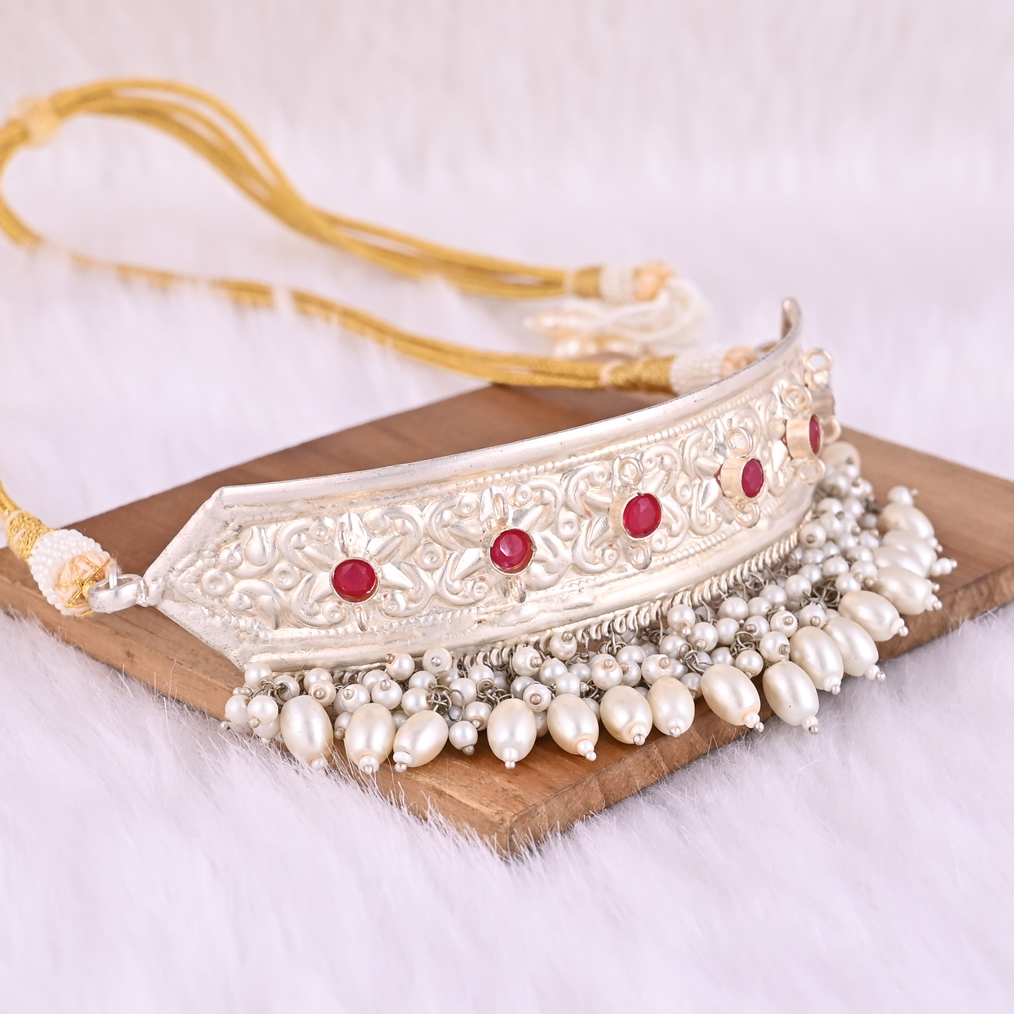Fuchsia Chalcedony Pearl Stone Ethnic German Silver Necklace