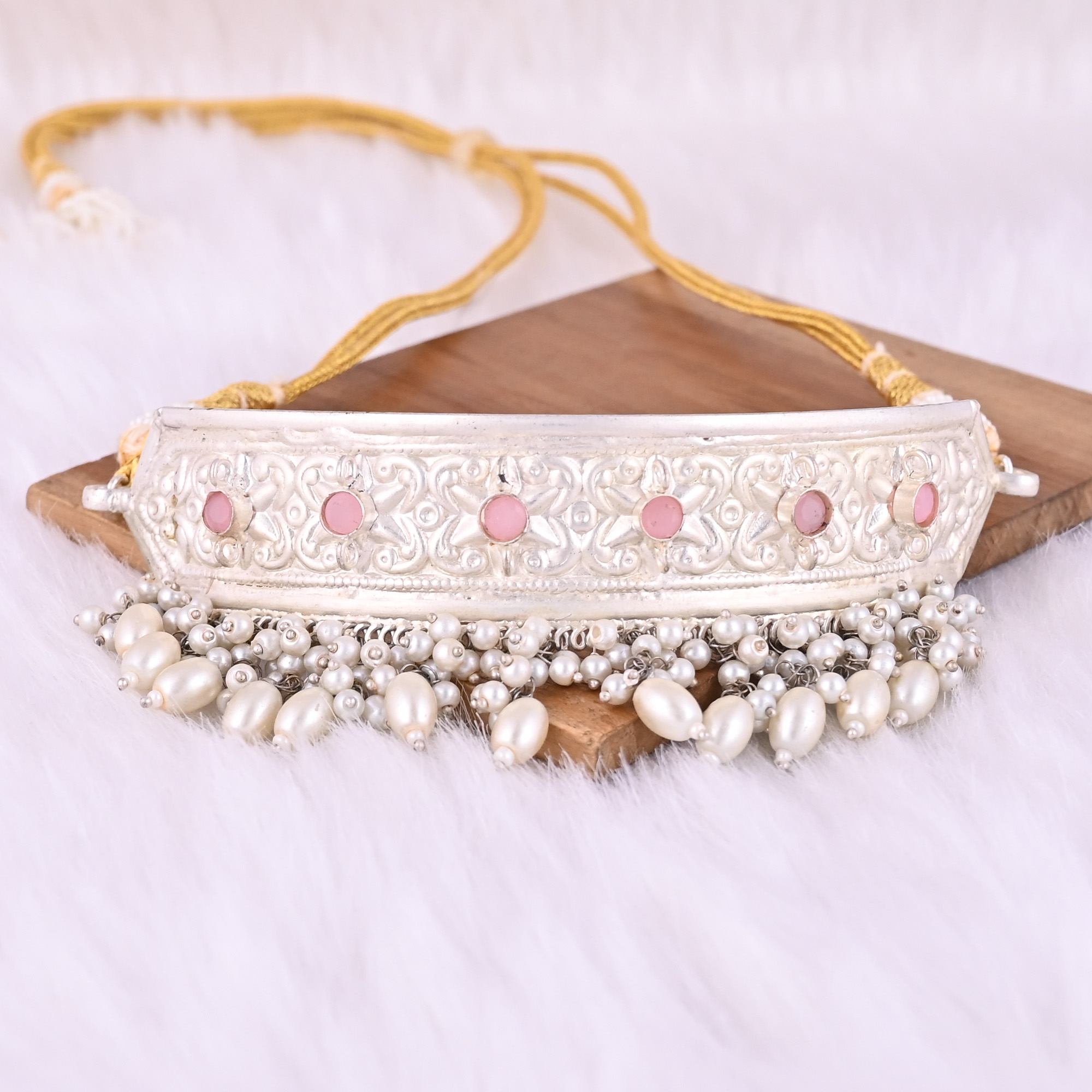 Pink Hydro Pearl Stone Ethnic German Silver Necklace
