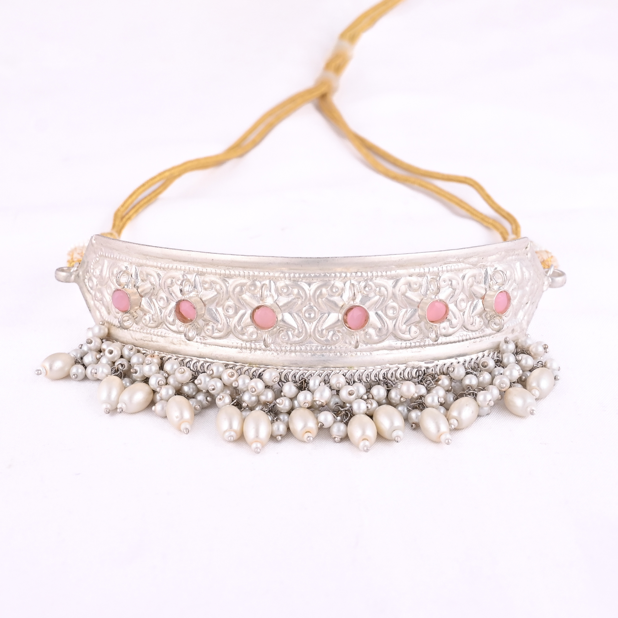 Pink Hydro Pearl Stone Ethnic German Silver Necklace