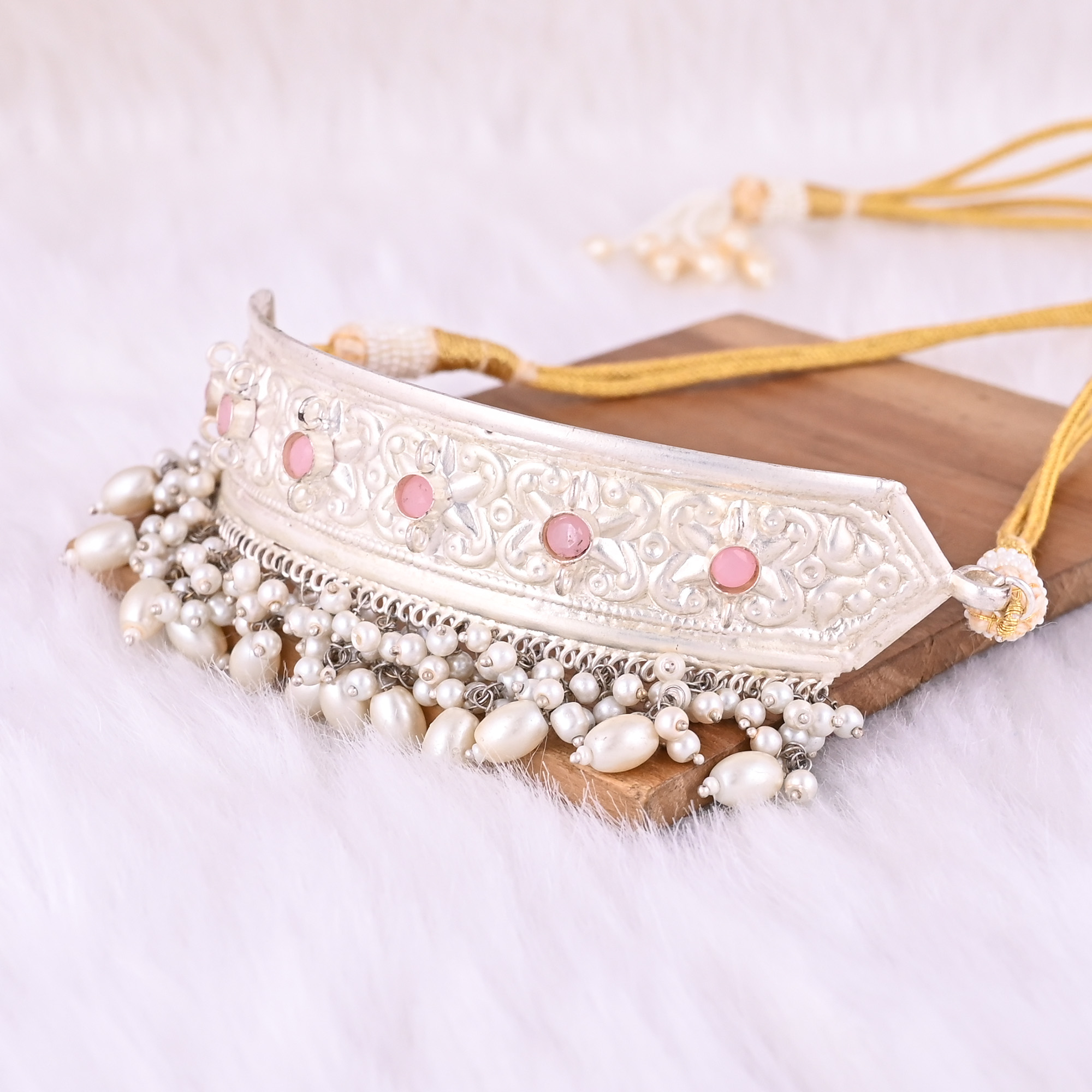 Pink Hydro Pearl Stone Ethnic German Silver Necklace