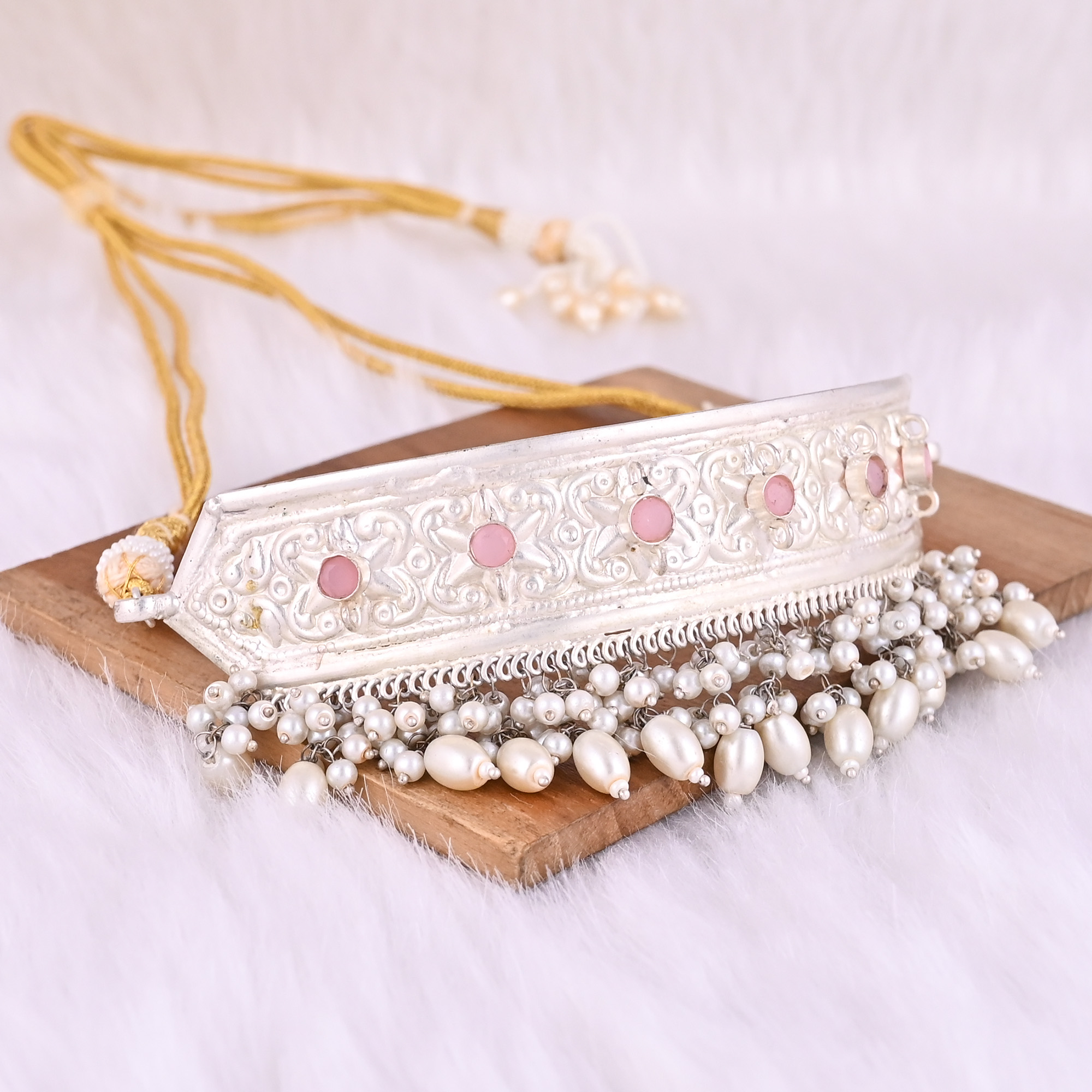 Pink Hydro Pearl Stone Ethnic German Silver Necklace
