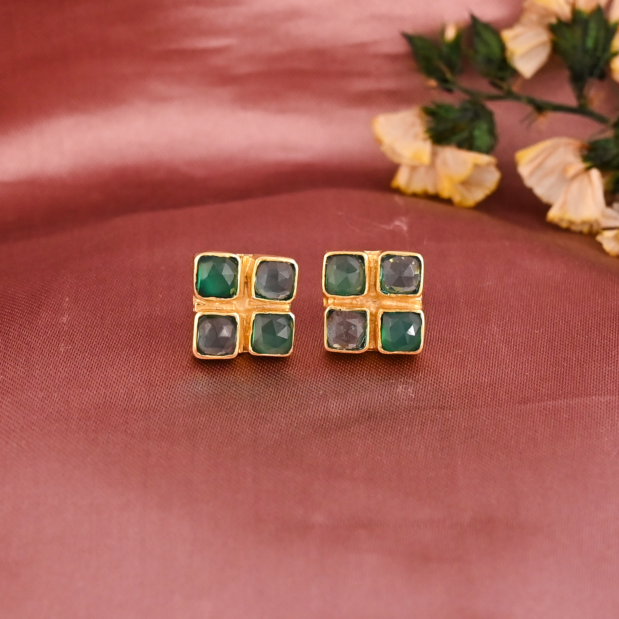 Apatite Hydro  Green Onyx Gemstone Trendy Minimalist Stud Earrings for Women  Gold Plated Brass