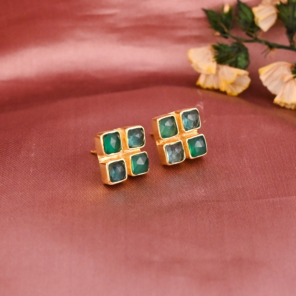Image of Apatite Hydro &amp; Green Onyx Gemstone Trendy Minimalist Stud Earrings for Women | Gold Plated Brass