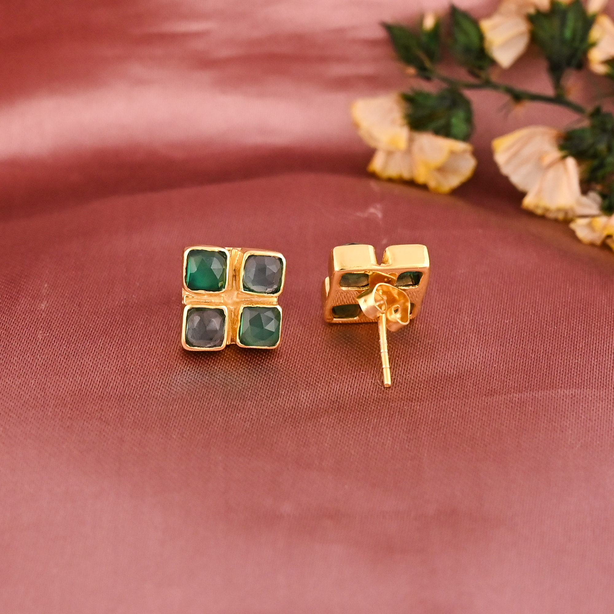 Apatite Hydro  Green Onyx Gemstone Trendy Minimalist Stud Earrings for Women  Gold Plated Brass