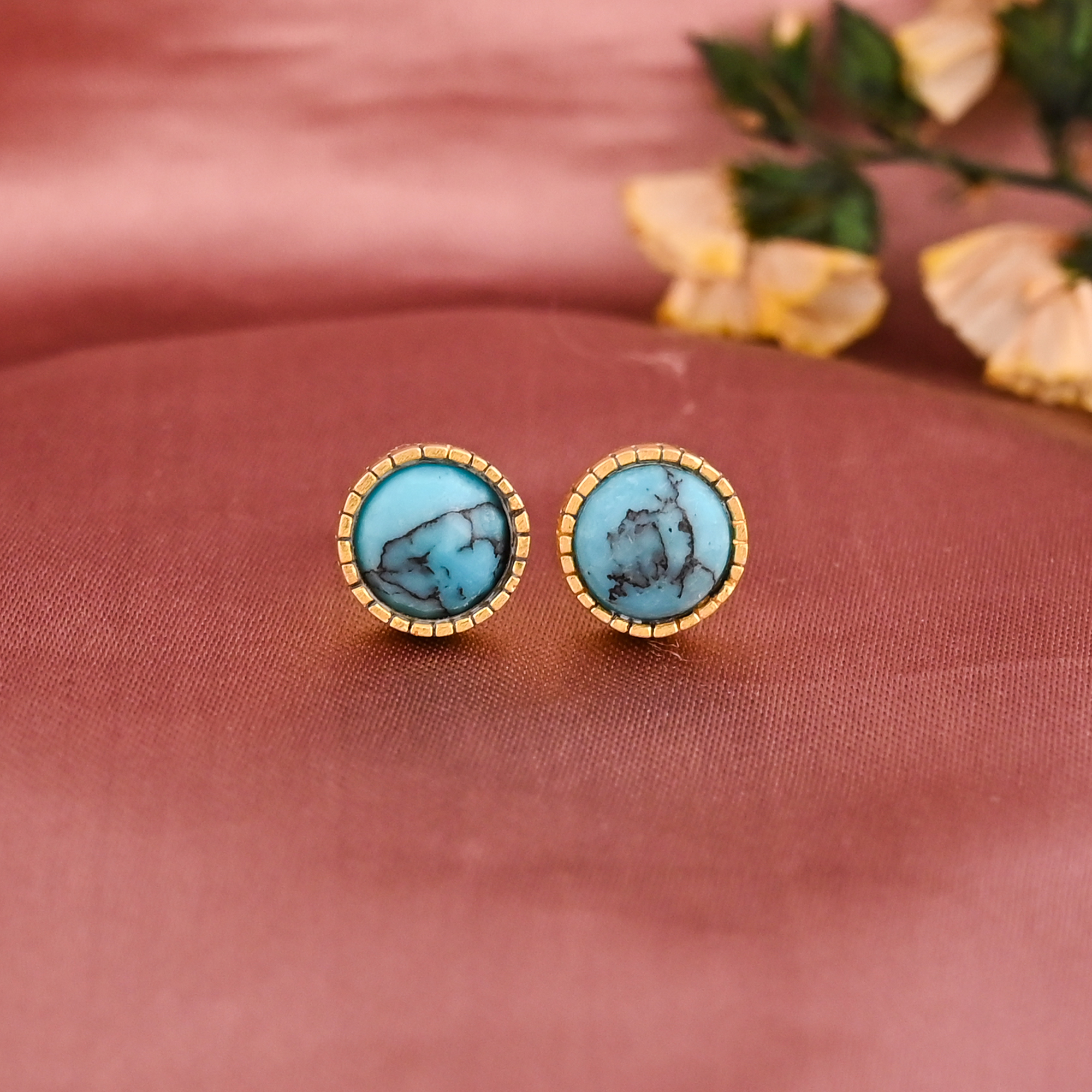 Natural Turquoise Gemstone Stud Earrings Gold Plated 925 Sterling Silver
