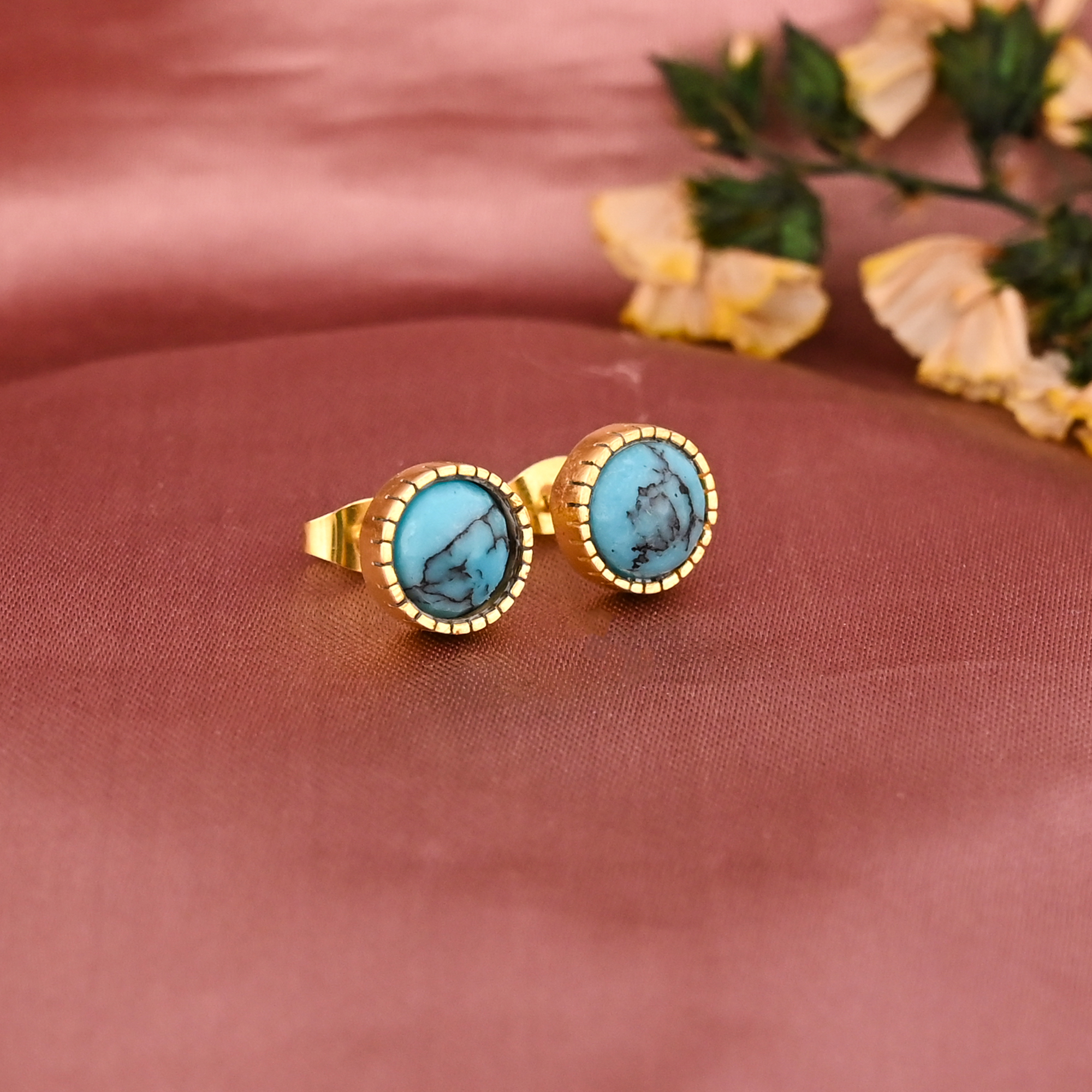 Natural Turquoise Gemstone Stud Earrings  Gold Plated 925 Sterling Silver