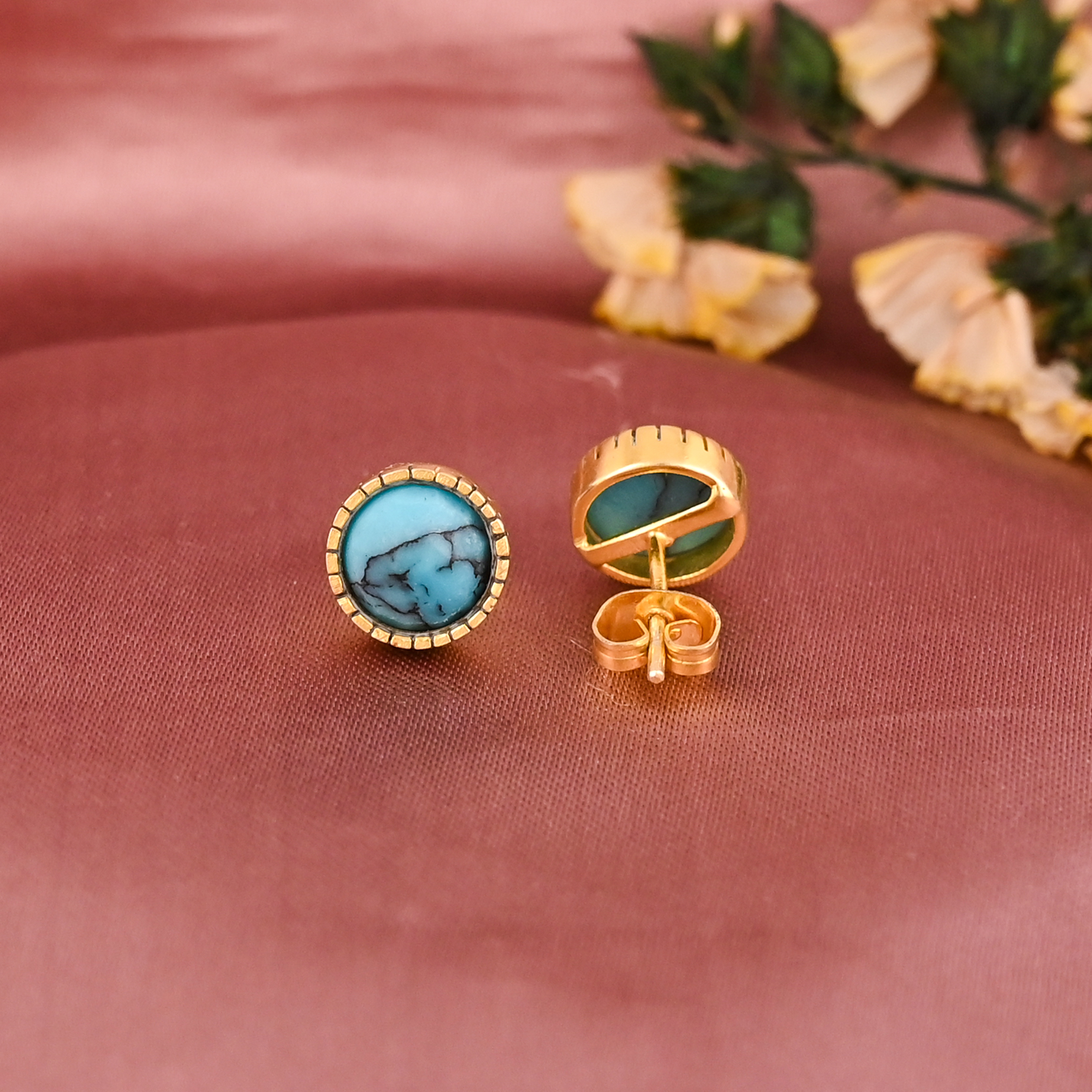 Natural Turquoise Gemstone Stud Earrings Gold Plated 925 Sterling Silver
