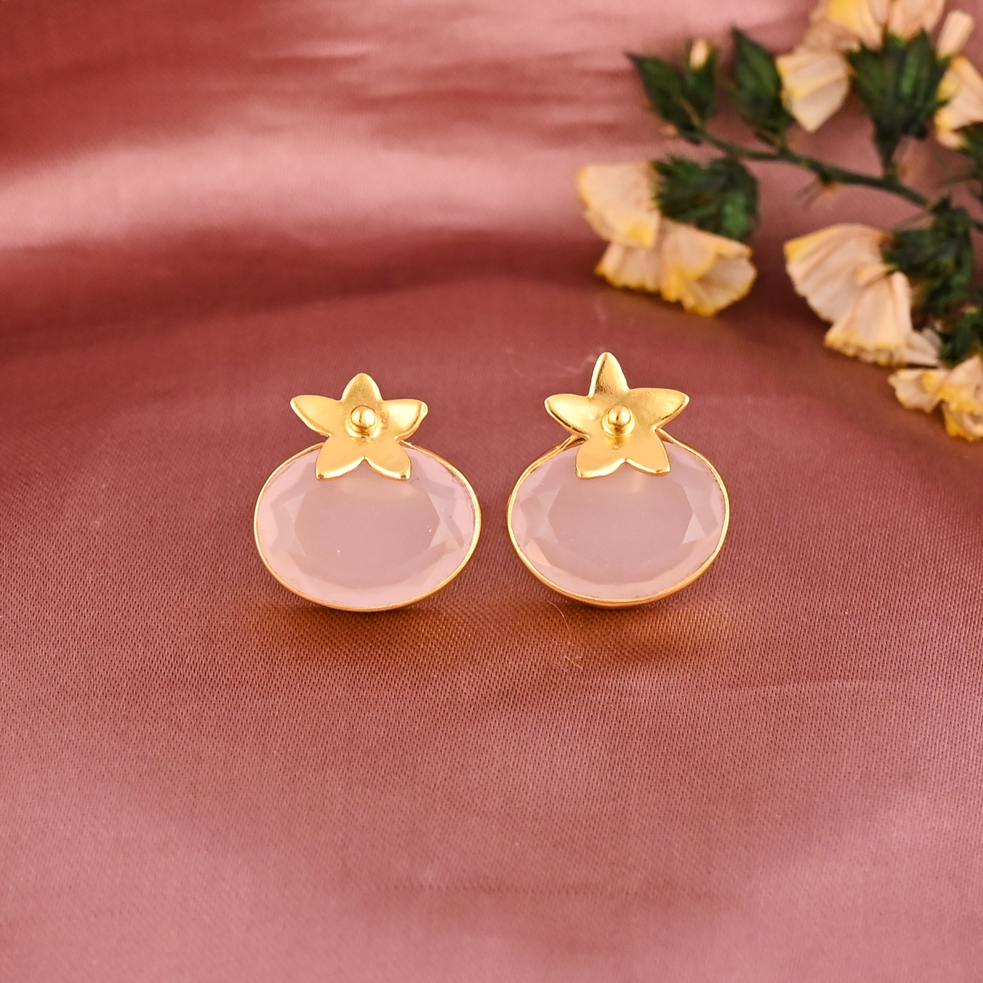 Rose Quartz Hydro Gemstone Floral Design Stud Earring Gold Plated Brass