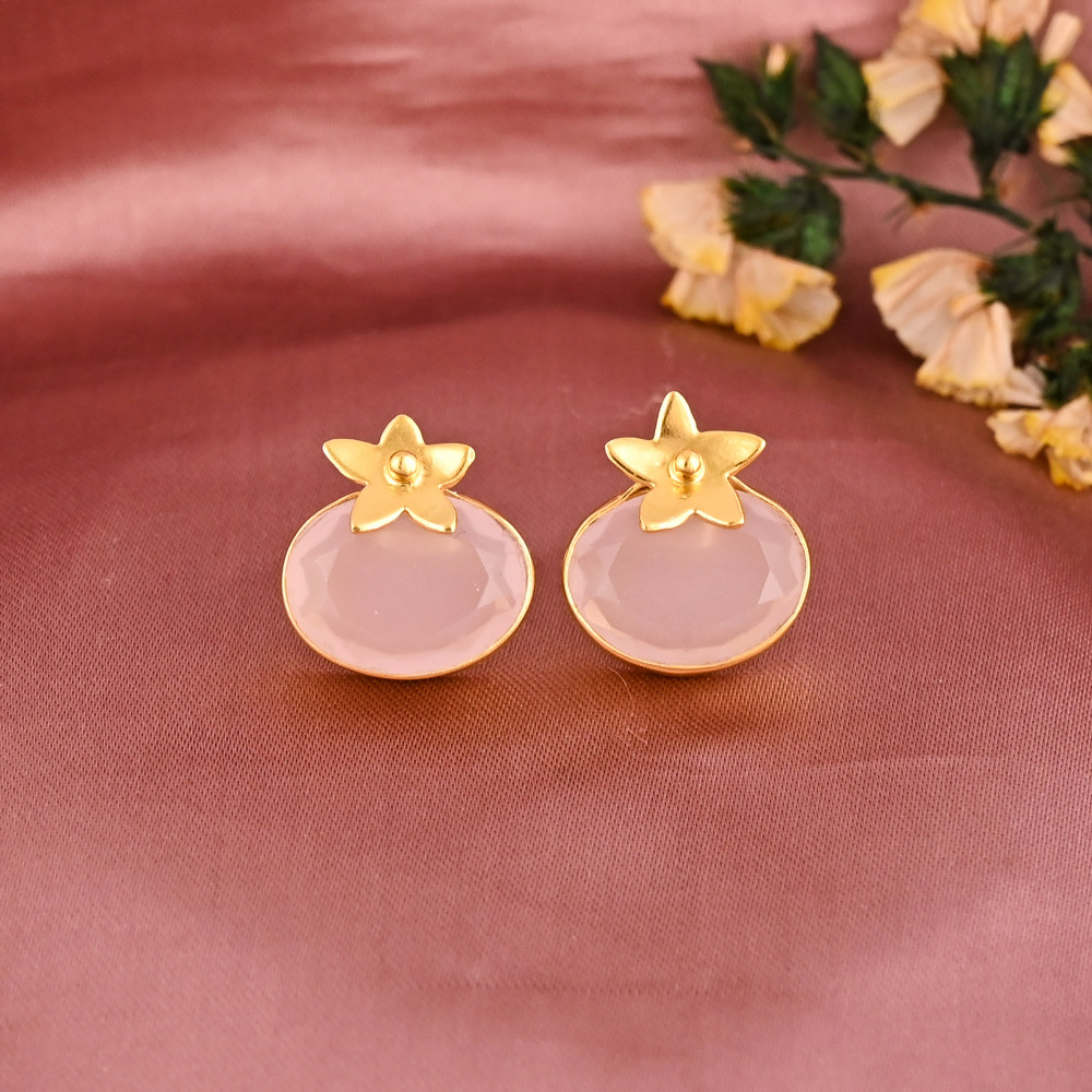Image of Rose Quartz Hydro Gemstone Floral Design Stud Earring | Gold Plated Brass
