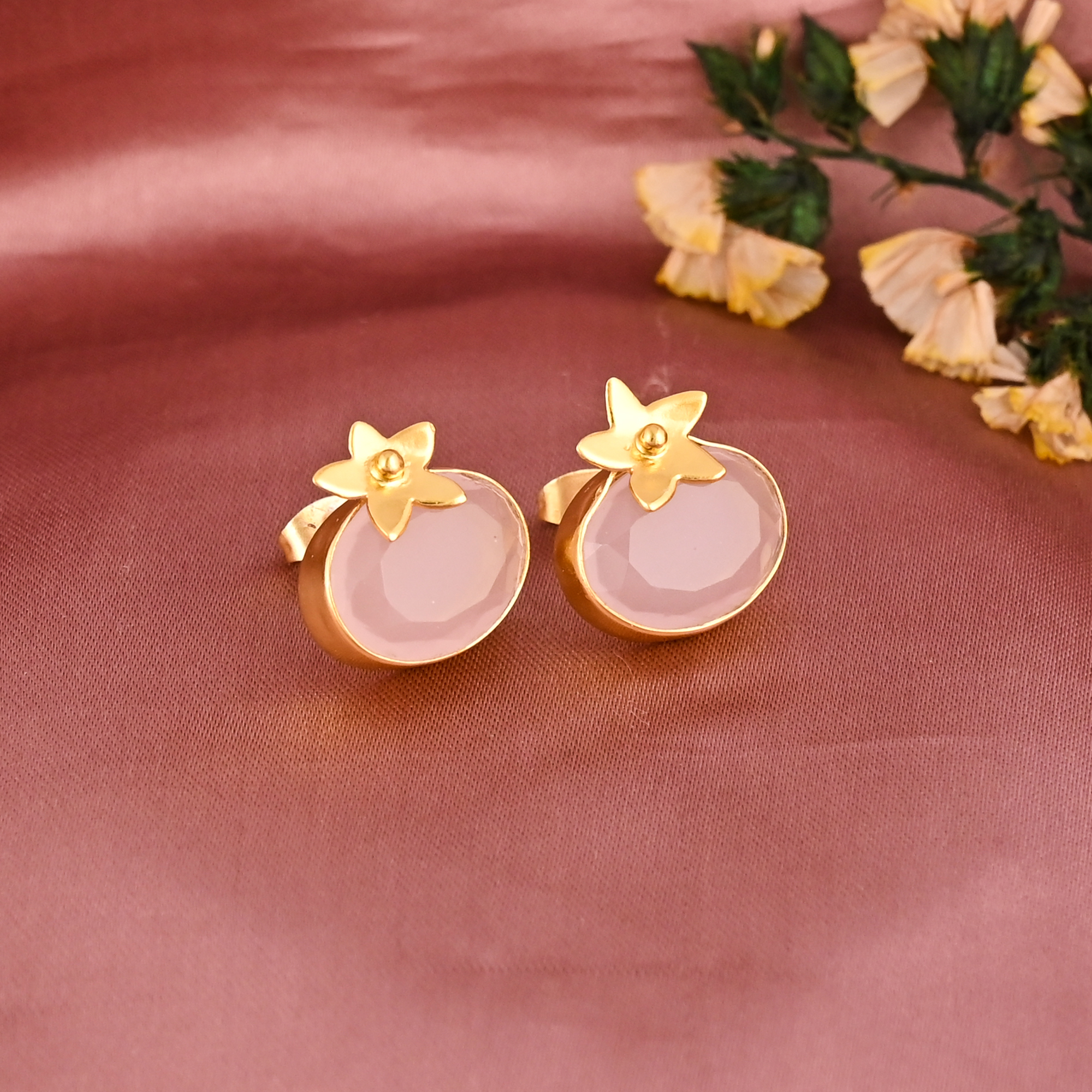 Rose Quartz Hydro Gemstone Floral Design Stud Earring  Gold Plated Brass