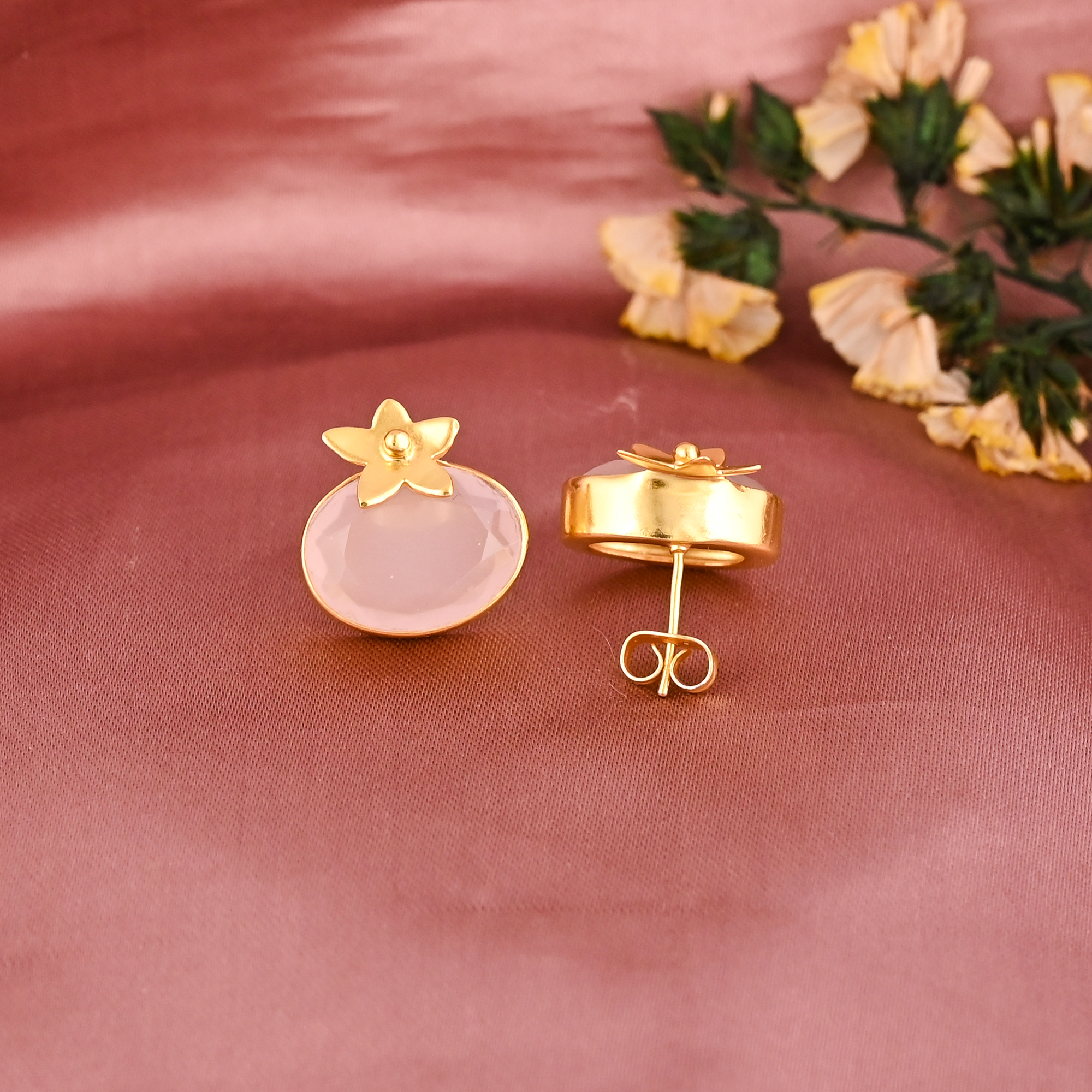 Rose Quartz Hydro Gemstone Floral Design Stud Earring  Gold Plated Brass