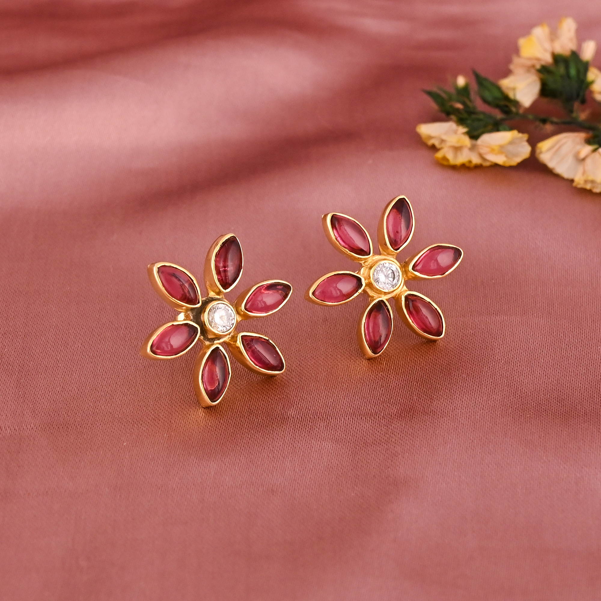 Natural Pink Tourmaline Cubic Zirconia Gemstone Floral Stud Earrings Gold Plated 925 Sterling Silver