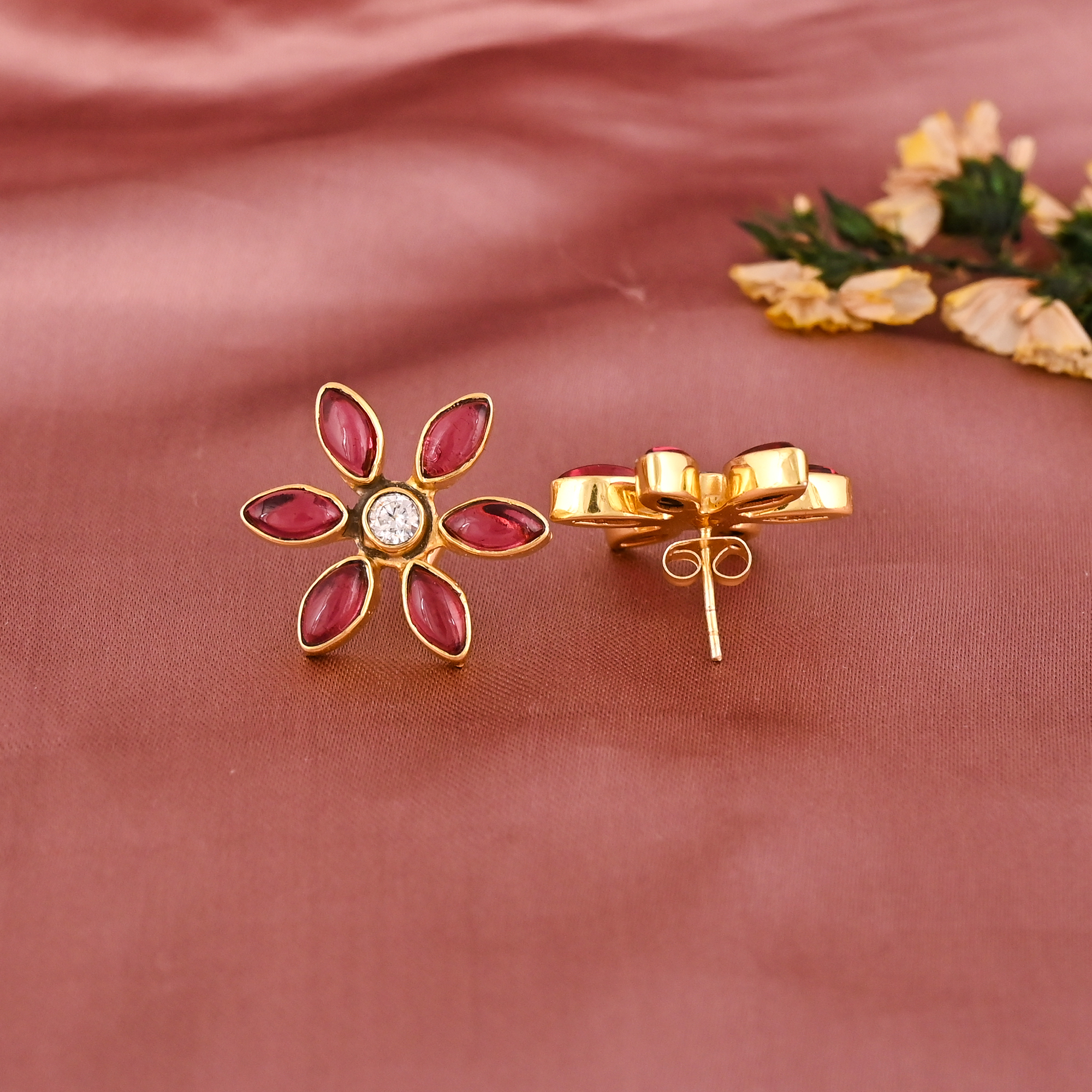 Natural Pink Tourmaline Cubic Zirconia Gemstone Floral Stud Earrings Gold Plated 925 Sterling Silver