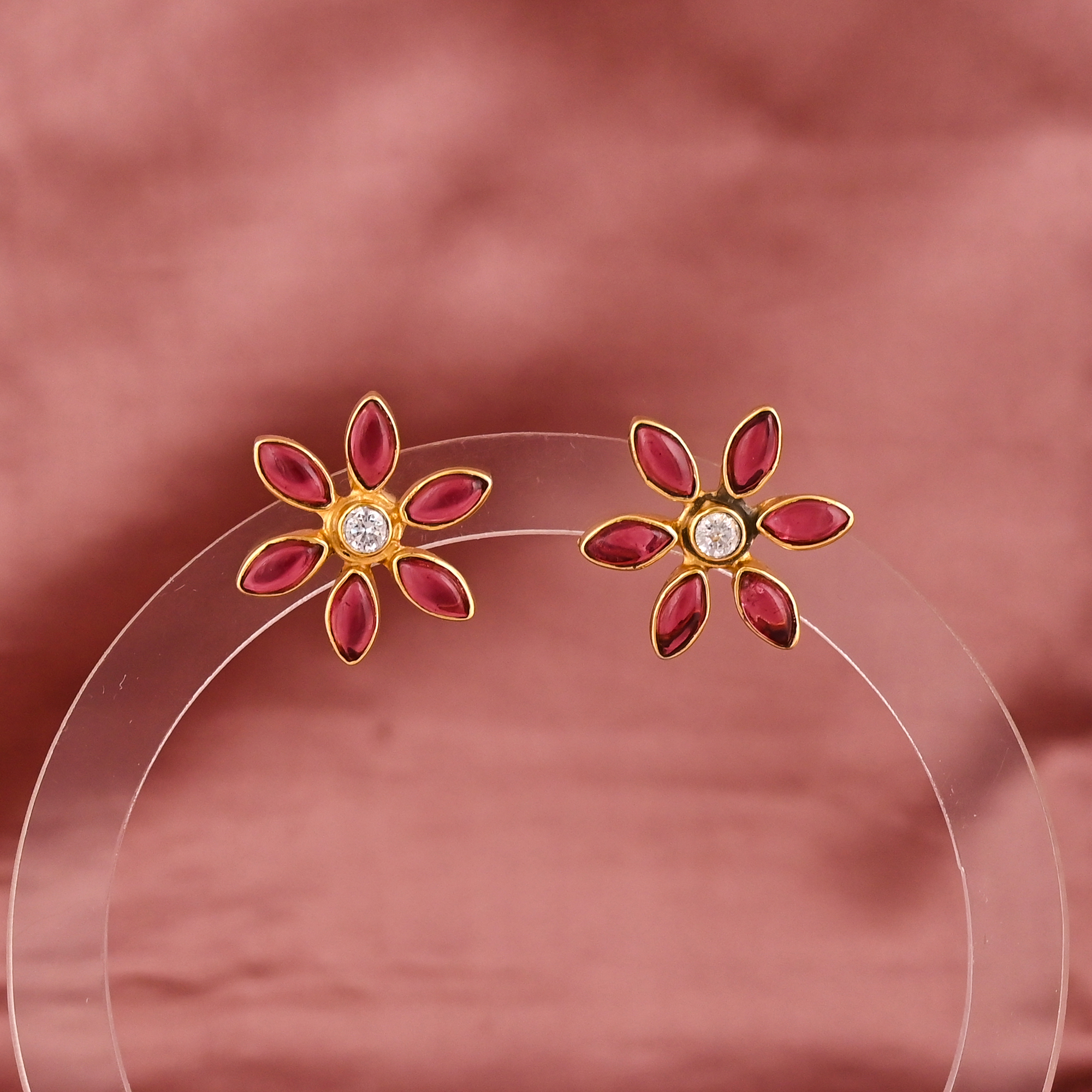 Natural Pink Tourmaline Cubic Zirconia Gemstone Floral Stud Earrings Gold Plated 925 Sterling Silver