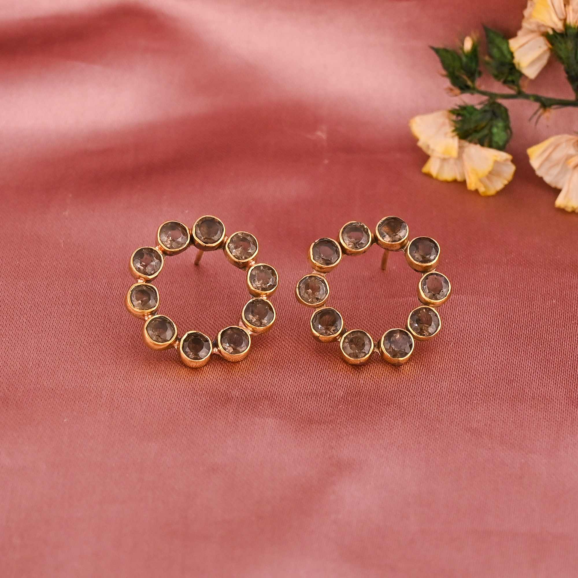 Handmade Smoky Quartz Circle Stud Earring  Gold Plated Brass Womens Trendy