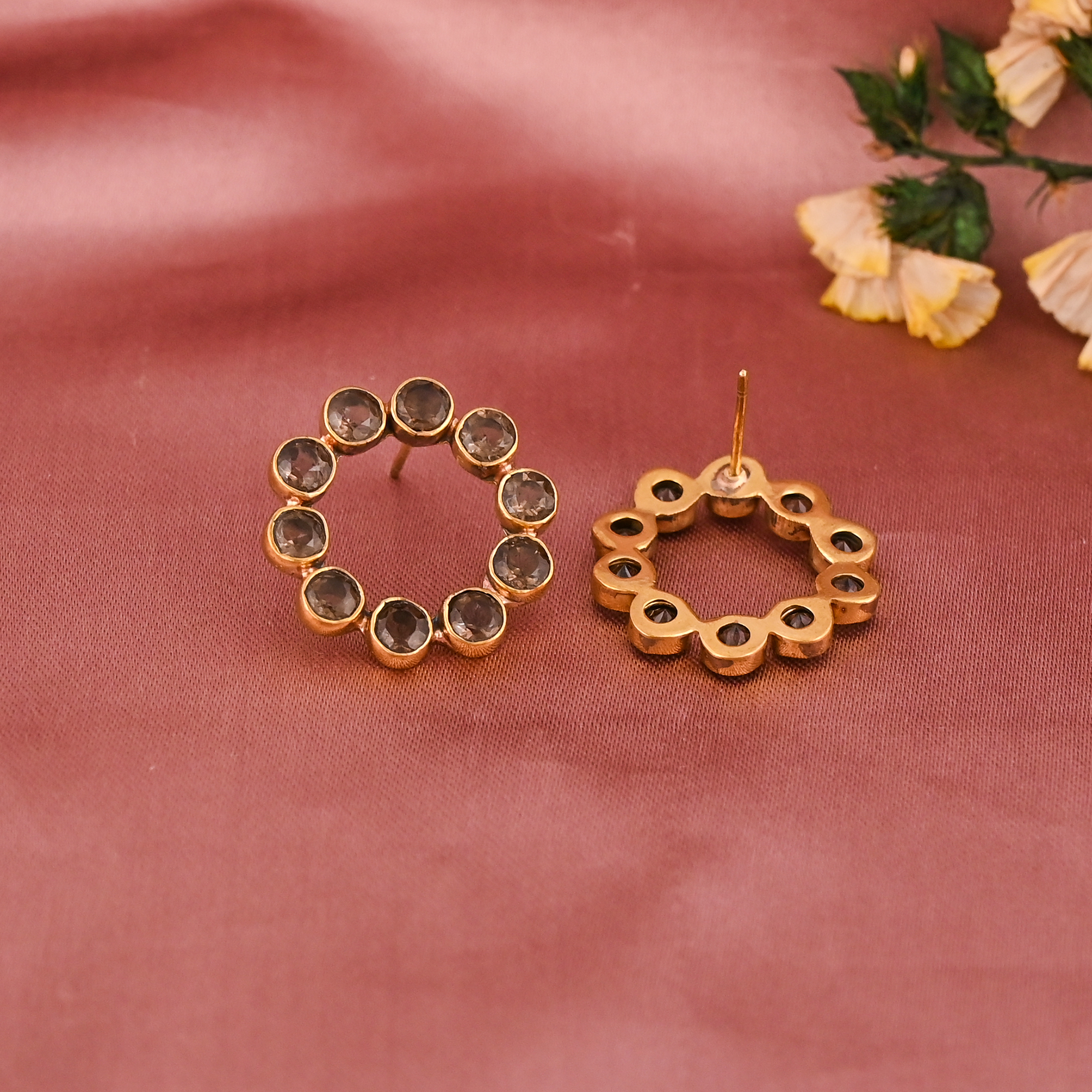 Handmade Smoky Quartz Circle Stud Earring  Gold Plated Brass Womens Trendy