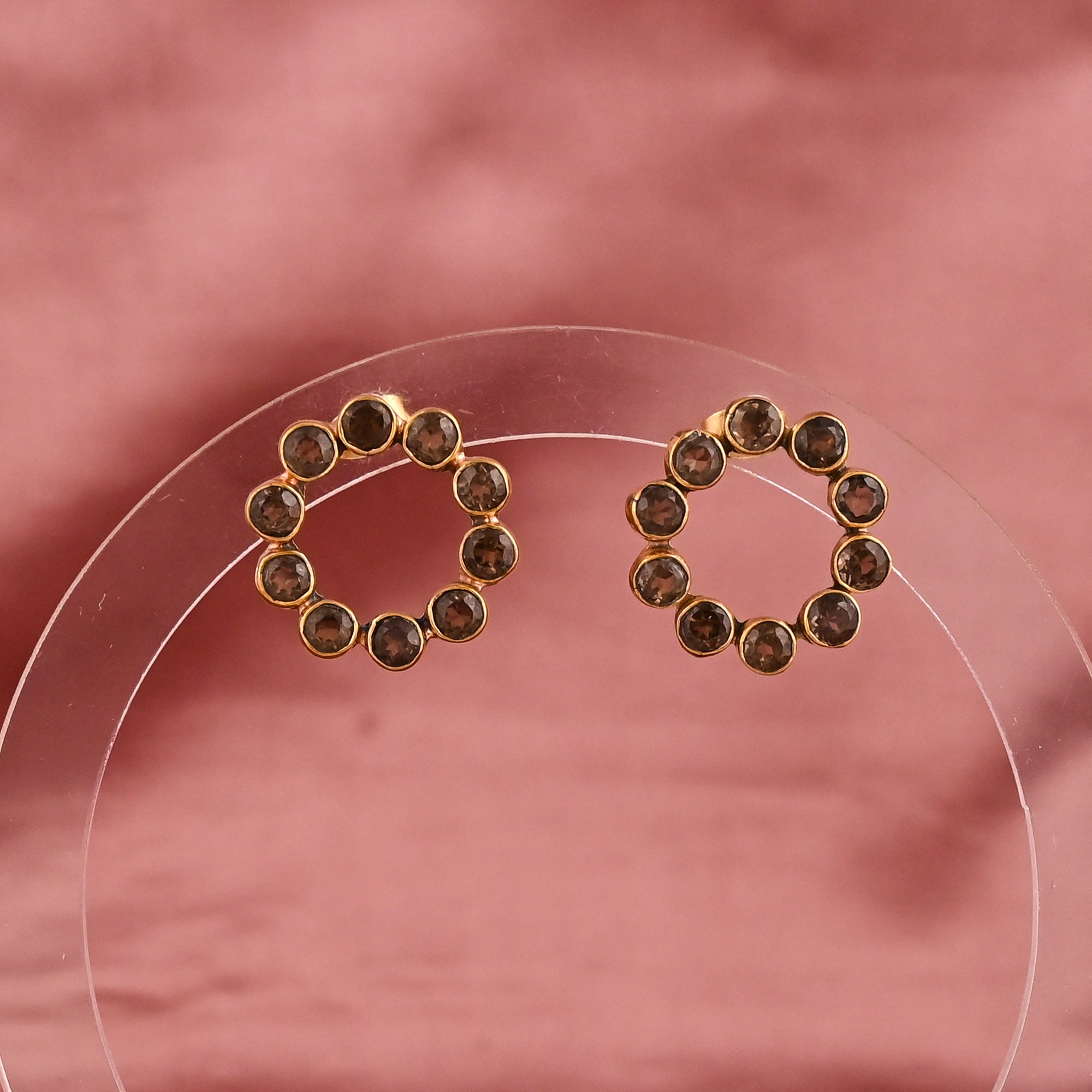 Handmade Smoky Quartz Circle Stud Earring  Gold Plated Brass Womens Trendy
