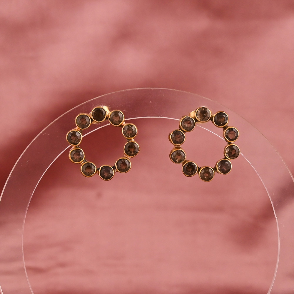 Image of Handmade Smoky Quartz Circle Stud Earring | Gold Plated Brass Women's Trendy