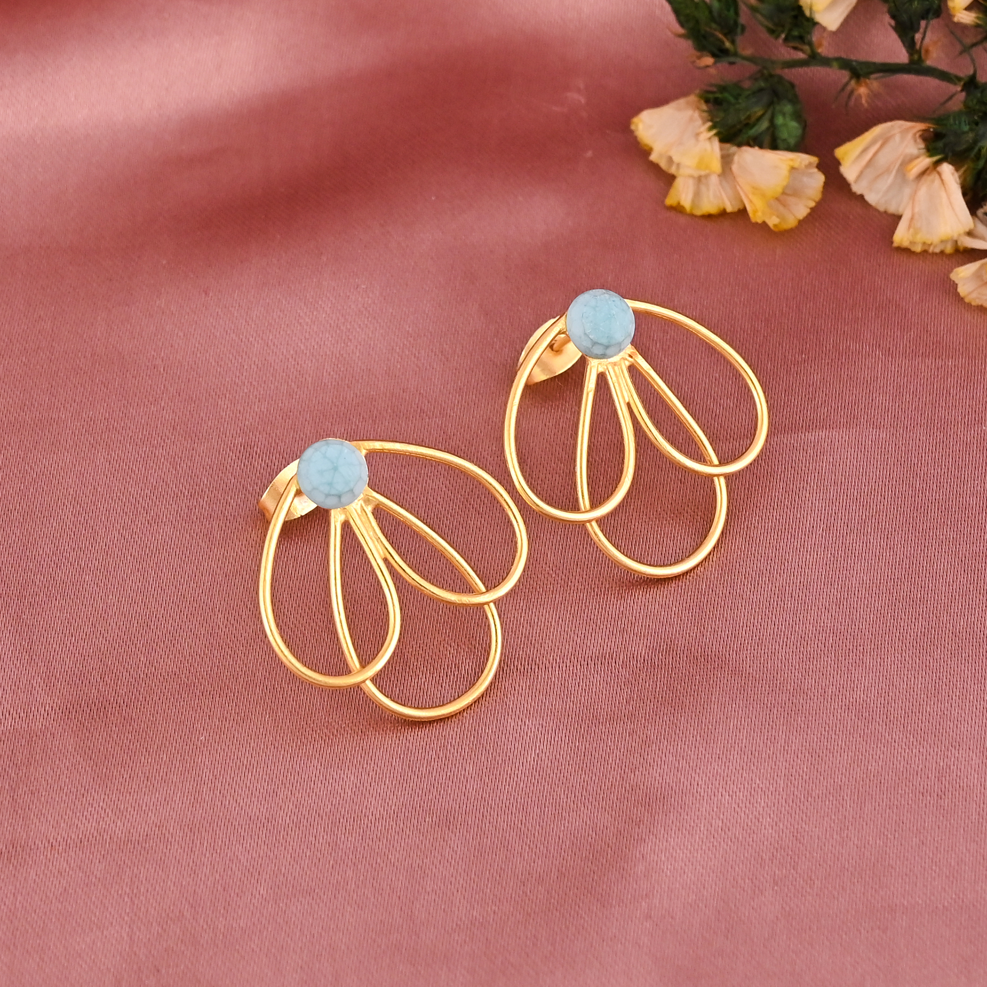 Stylish Synthetic Turquoise Gemstone Earring  Gold Plated Brass
