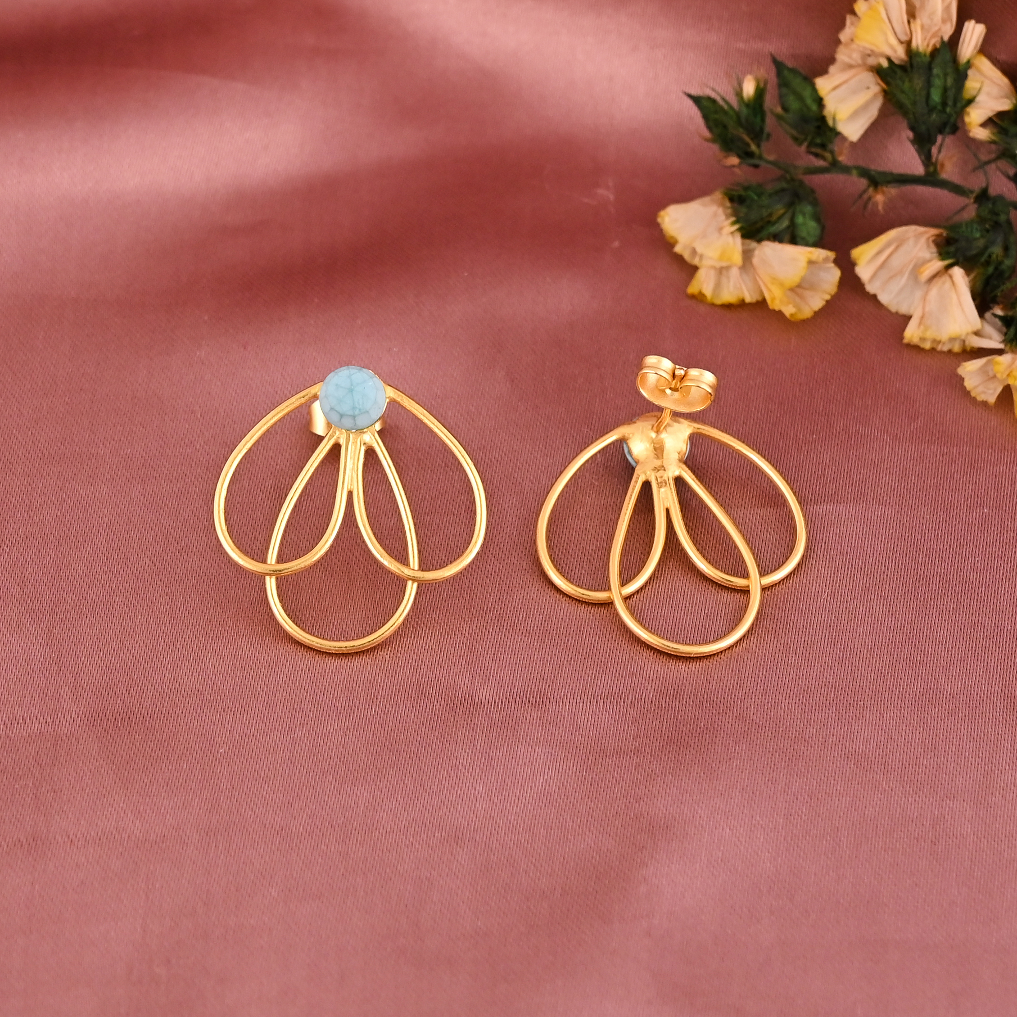 Stylish Synthetic Turquoise Gemstone Earring  Gold Plated Brass
