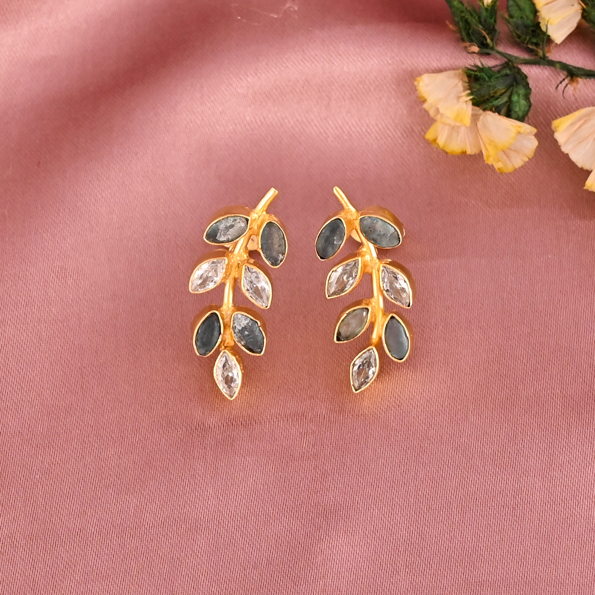 Natural Green Fluorite  CZ Gemstone Elegant Leaf Shape Stud Earrings  Gold Plated Brass
