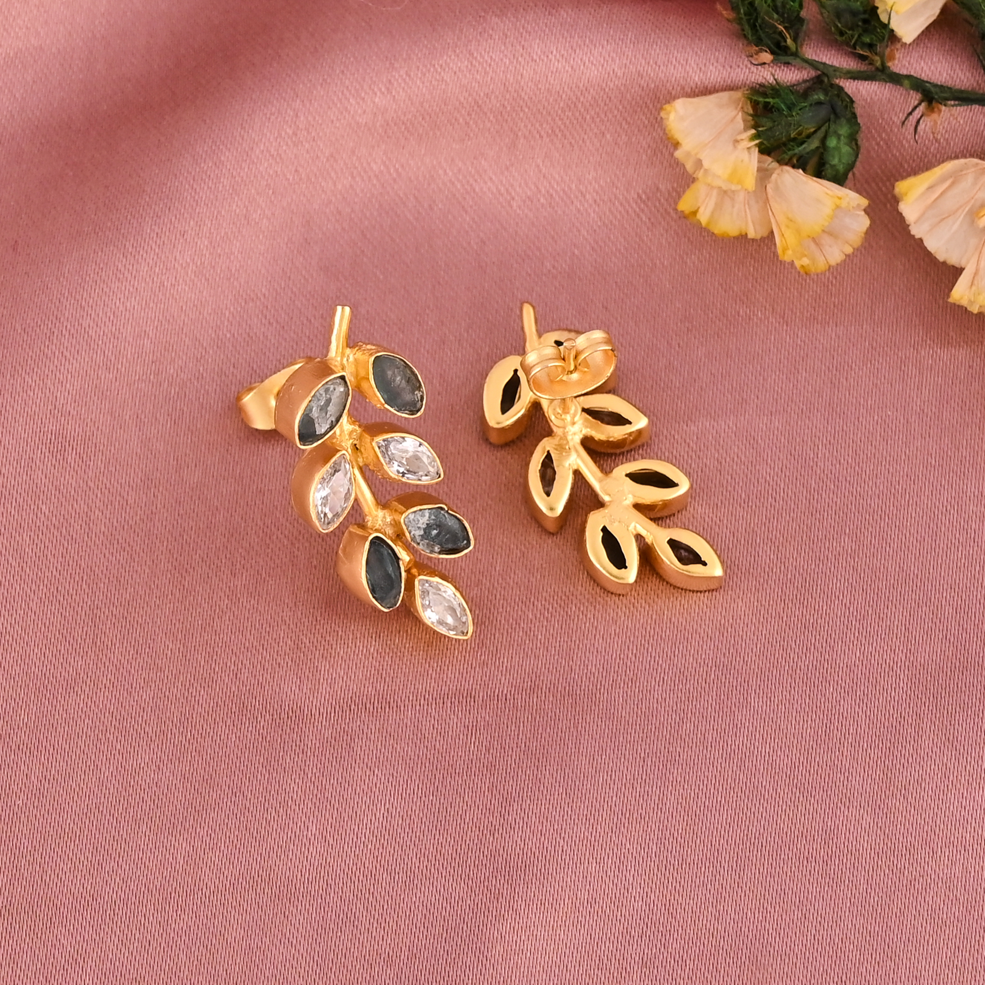 Natural Green Fluorite  CZ Gemstone Elegant Leaf Shape Stud Earrings  Gold Plated Brass