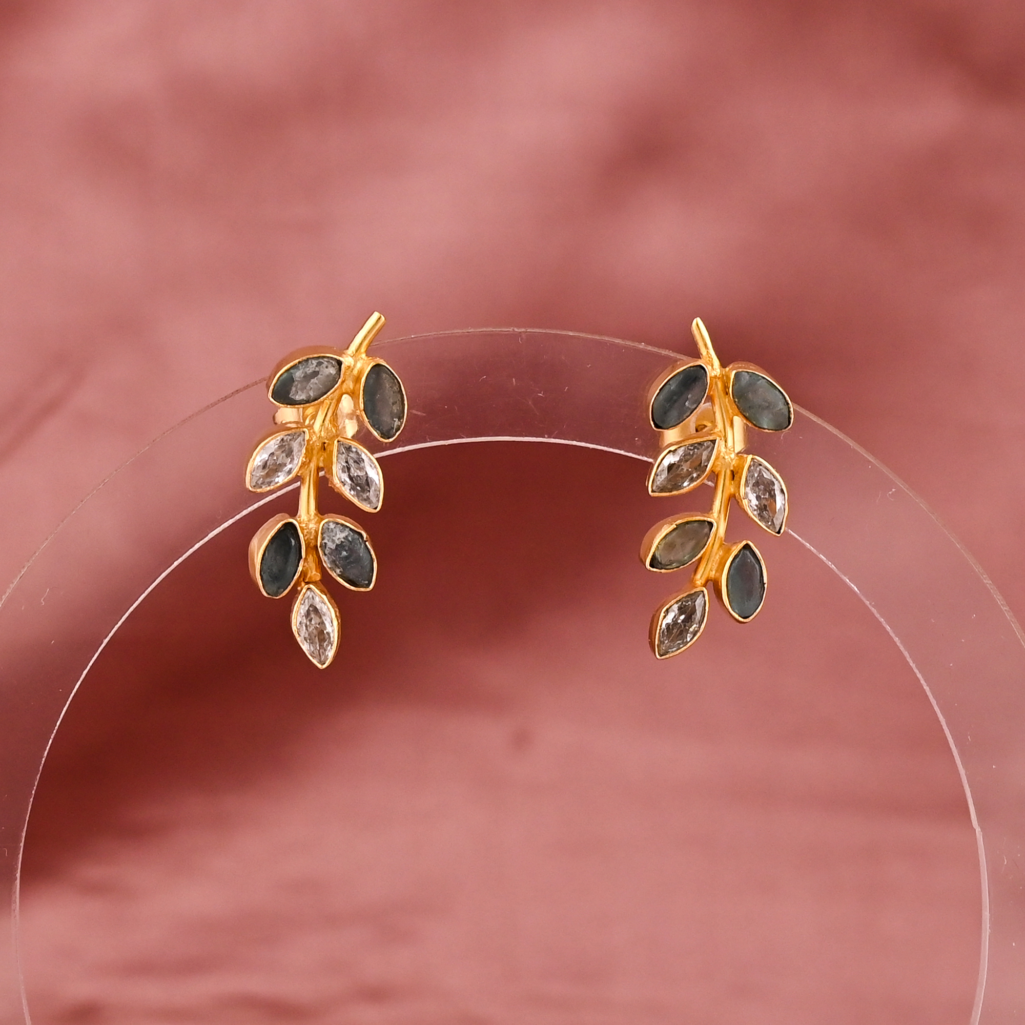 Natural Green Fluorite CZ Gemstone Elegant Leaf Shape Stud Earrings Gold Plated Brass