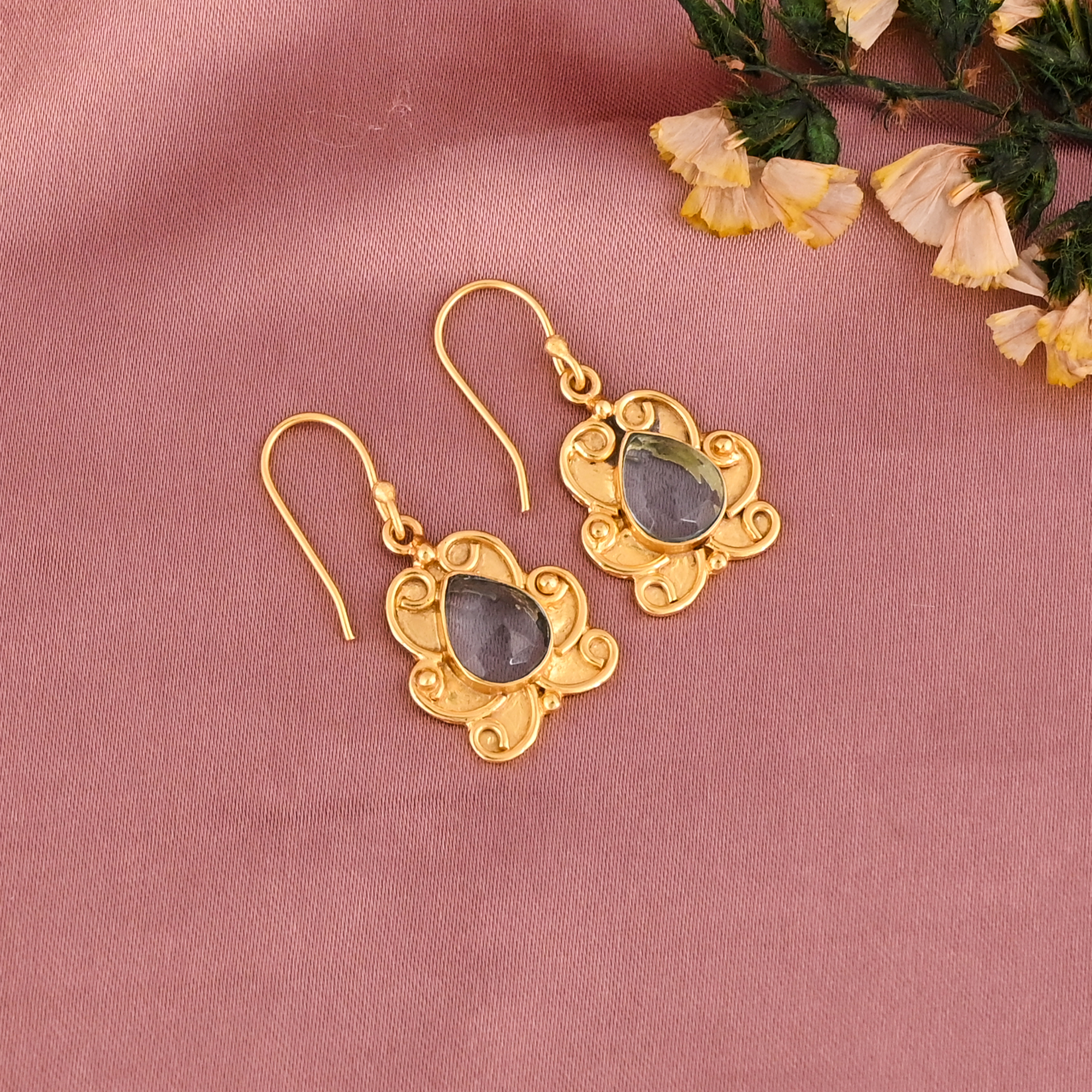 Aquamarine Hydro Gemstone Teardrop Dangle Earrings Gold Plated Brass