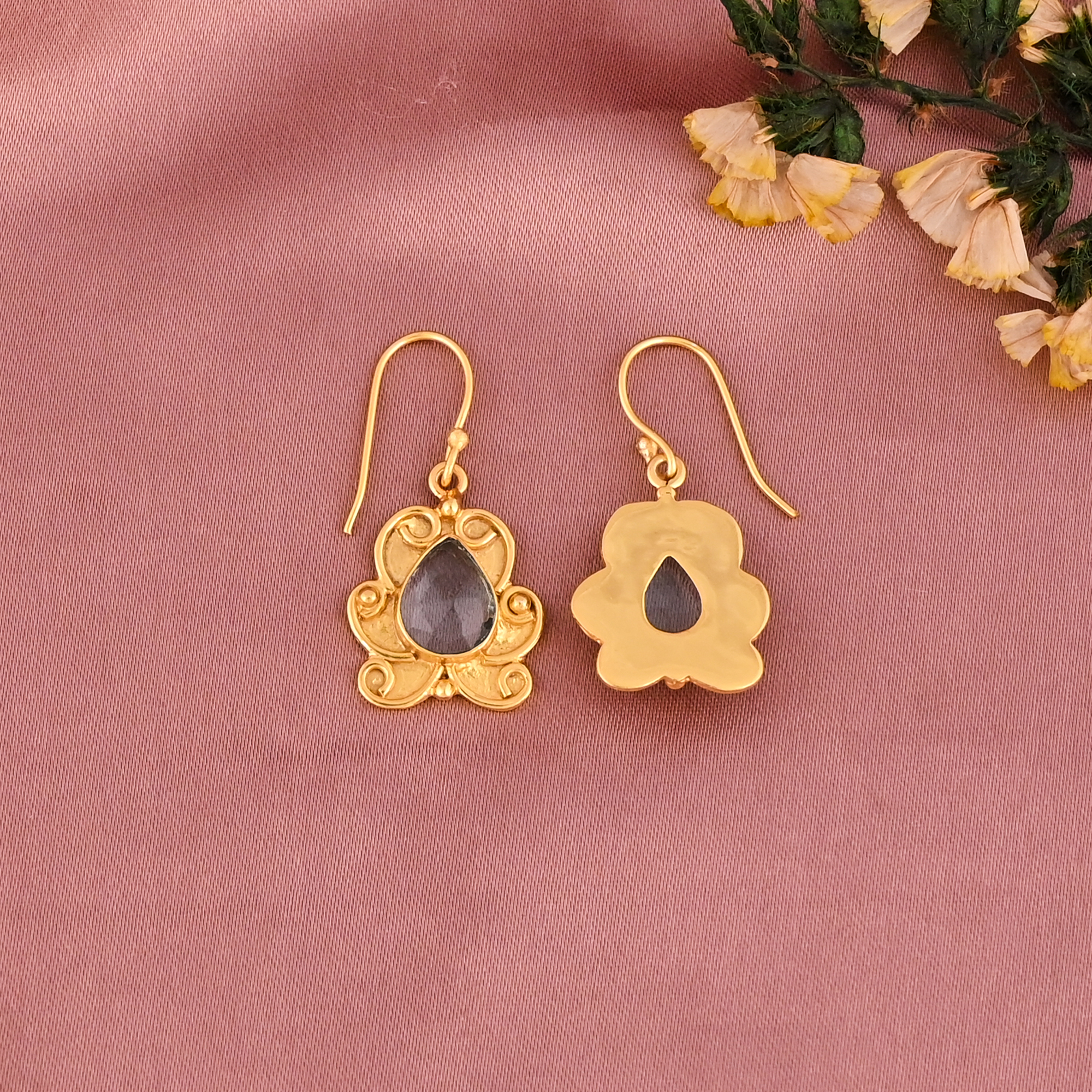 Aquamarine Hydro Gemstone Teardrop Dangle Earrings Gold Plated Brass