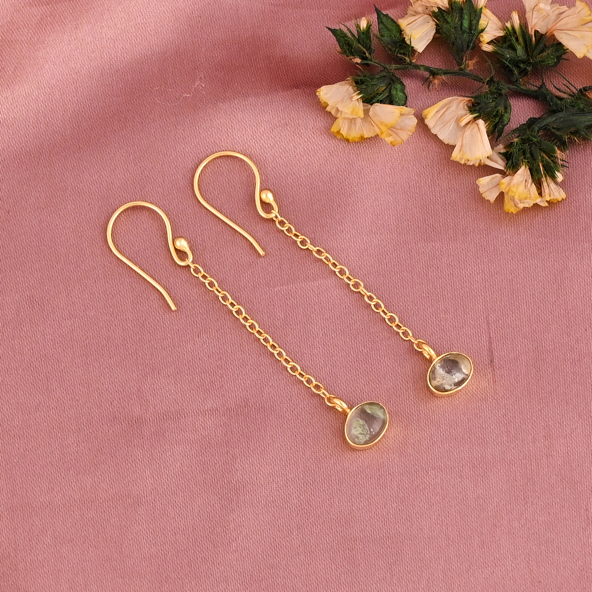 Aqua Crackle Glass Gemstone Long Chain Dangle Earrings Gold Plated Brass