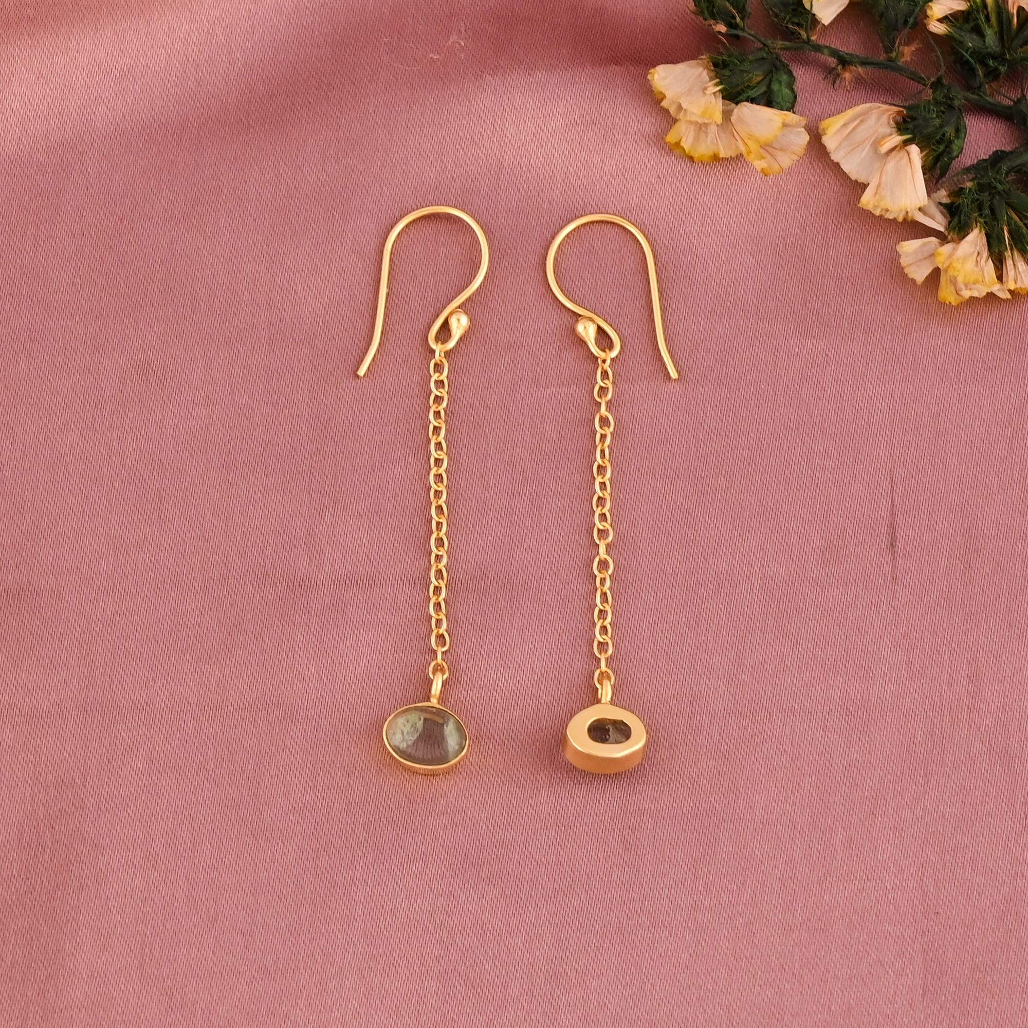 Aqua Crackle Glass Gemstone Long Chain Dangle Earrings  Gold Plated Brass