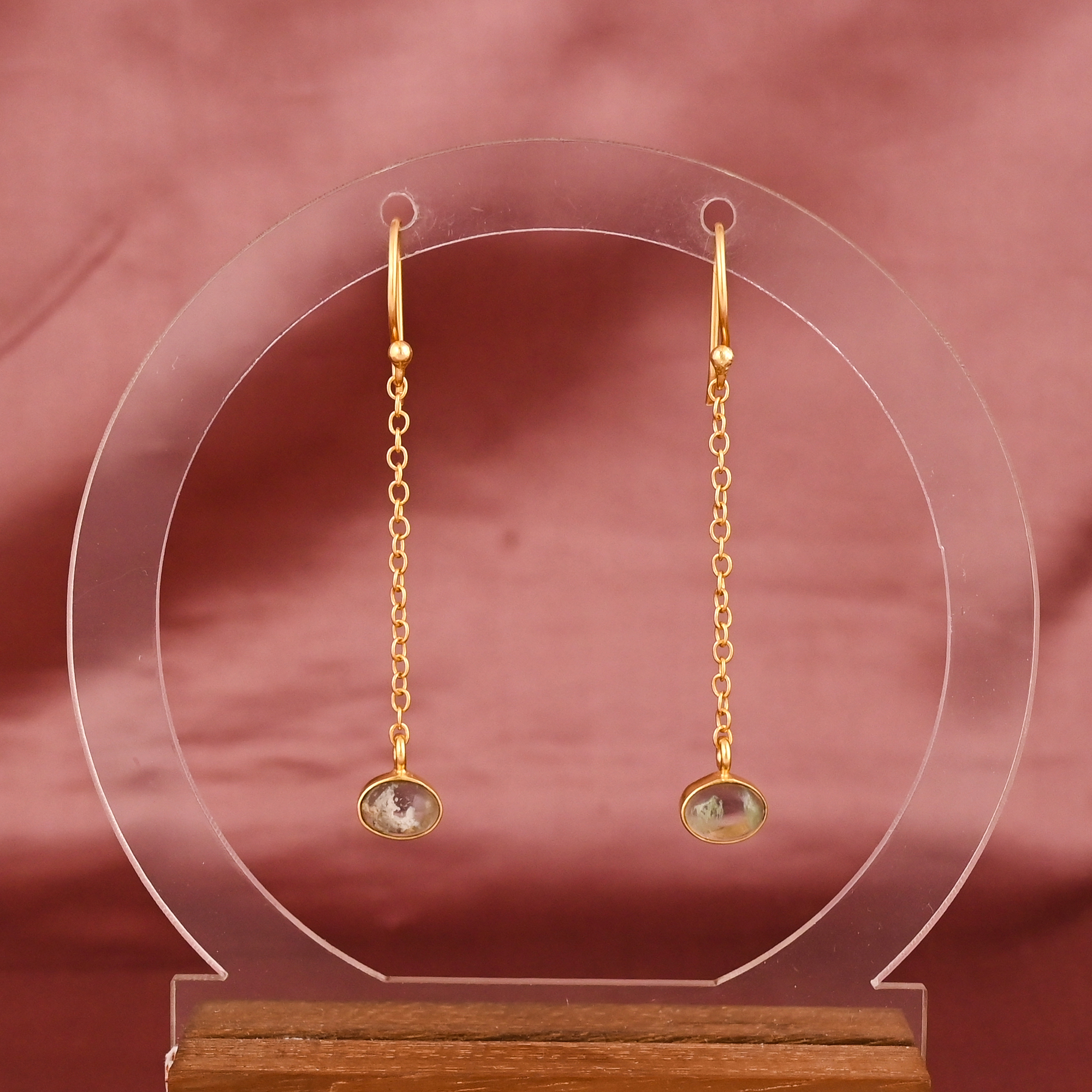 Aqua Crackle Glass Gemstone Long Chain Dangle Earrings Gold Plated Brass