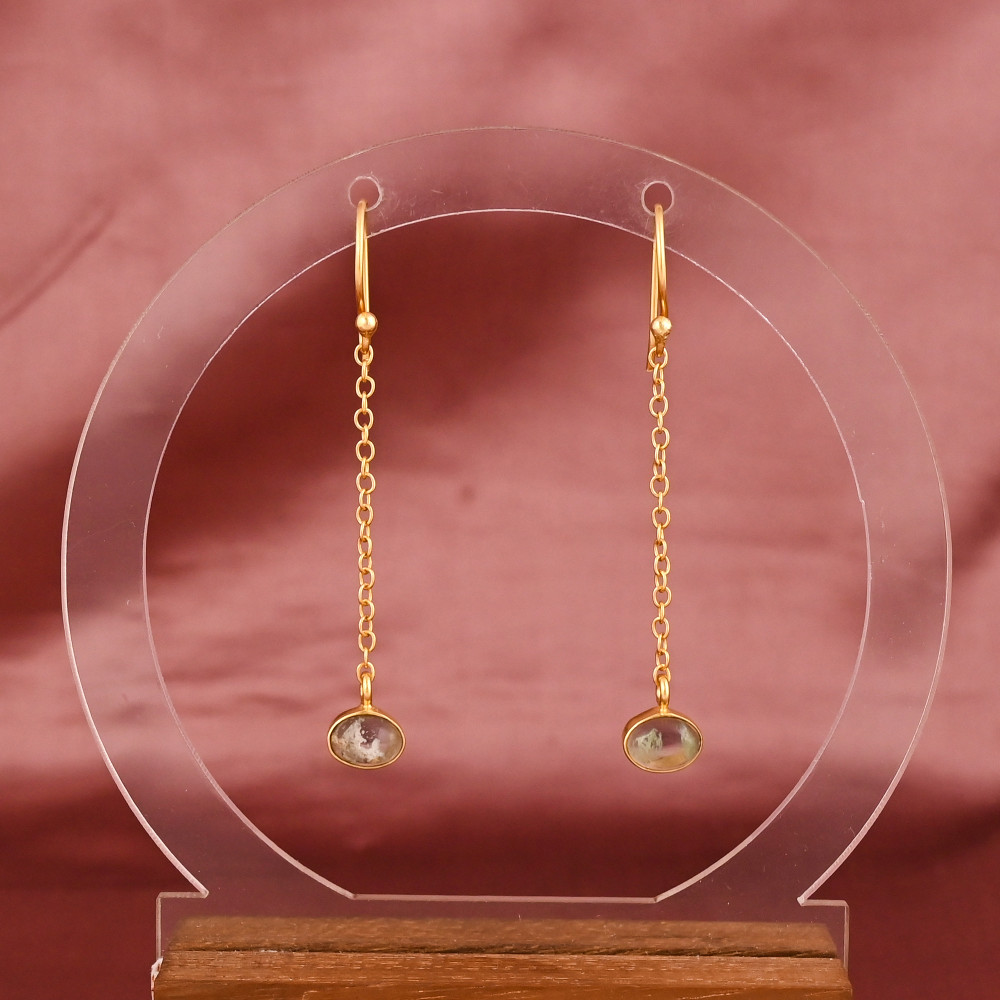 Image of Aqua Crackle Glass Gemstone Long Chain Dangle Earrings | Gold Plated Brass