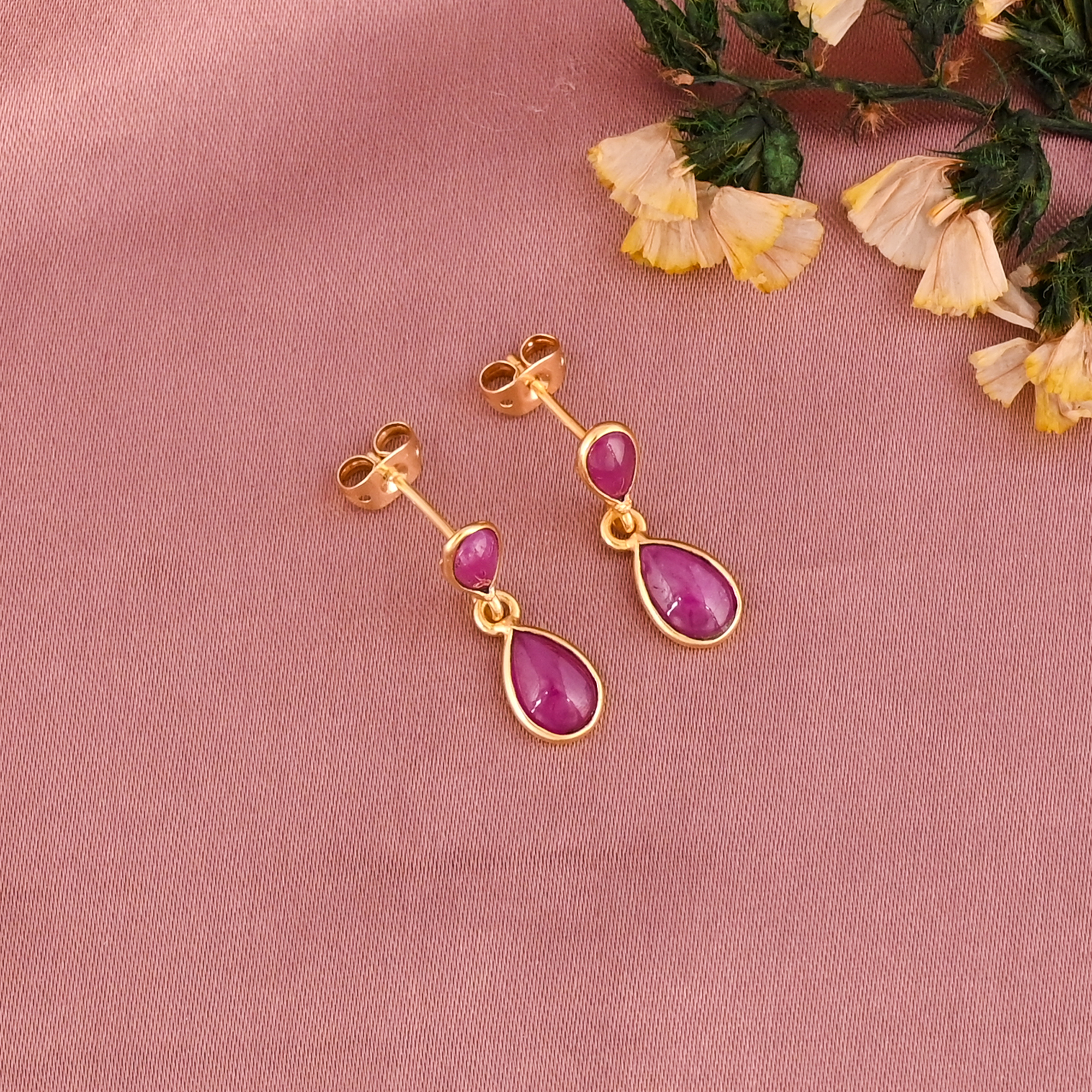 Natural Johnson Ruby Gemstone Drop Earrings Gold Plated 925 Sterling Silver